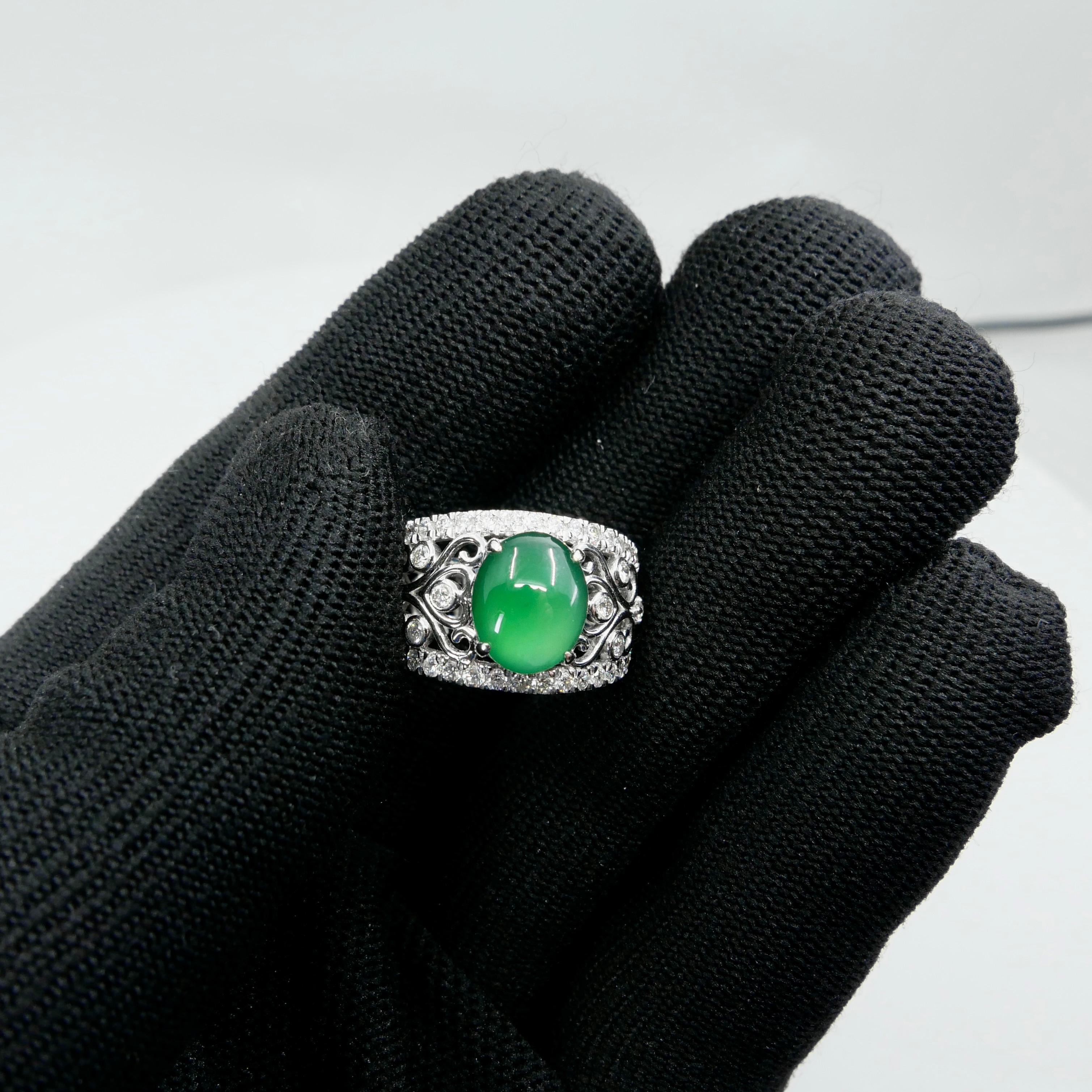 Certified Natural Jade & Diamond Cocktail Ring, Imperial Green with Super Glow! For Sale 9