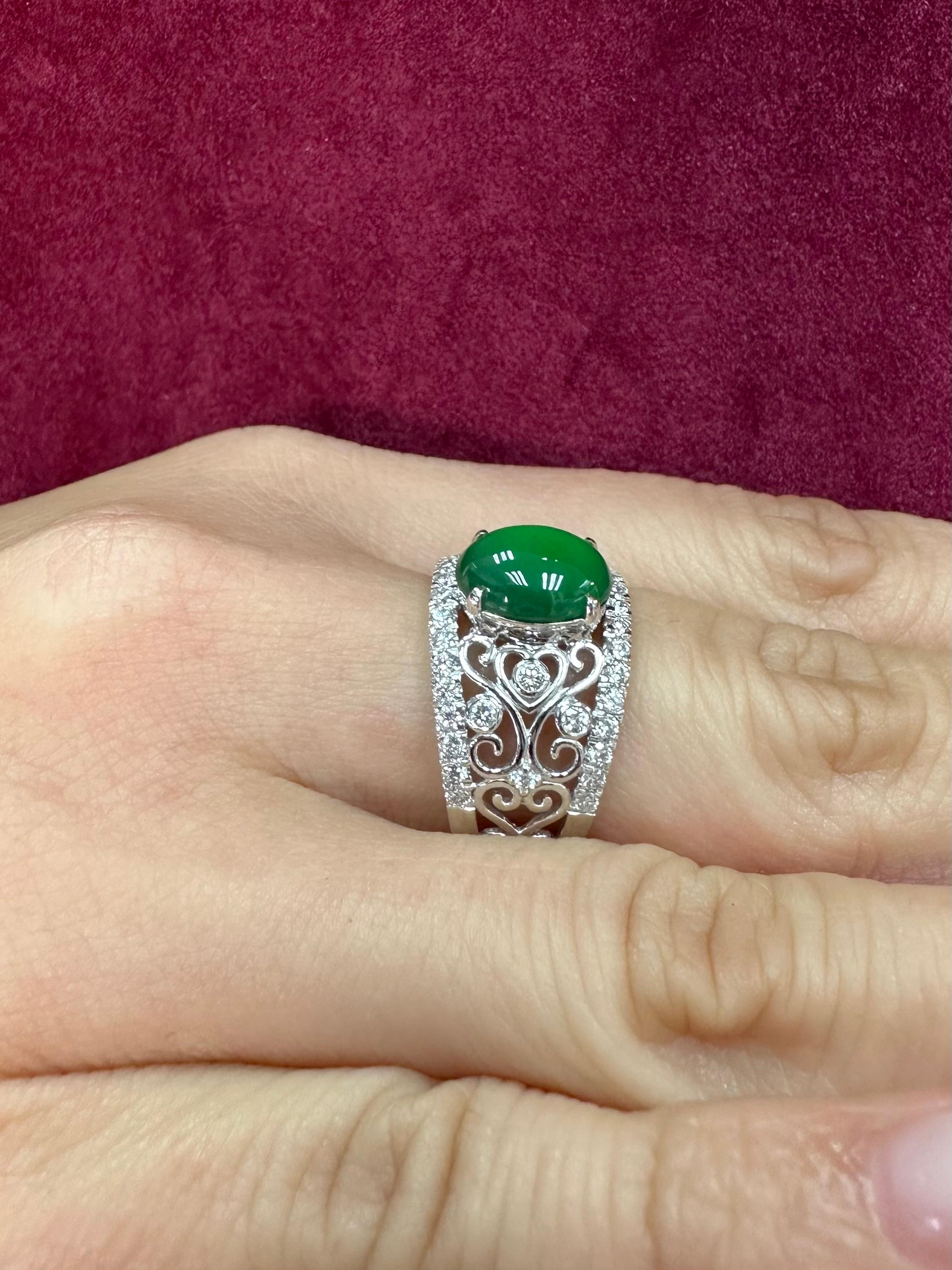 Women's Certified Natural Jade & Diamond Cocktail Ring, Imperial Green with Super Glow! For Sale