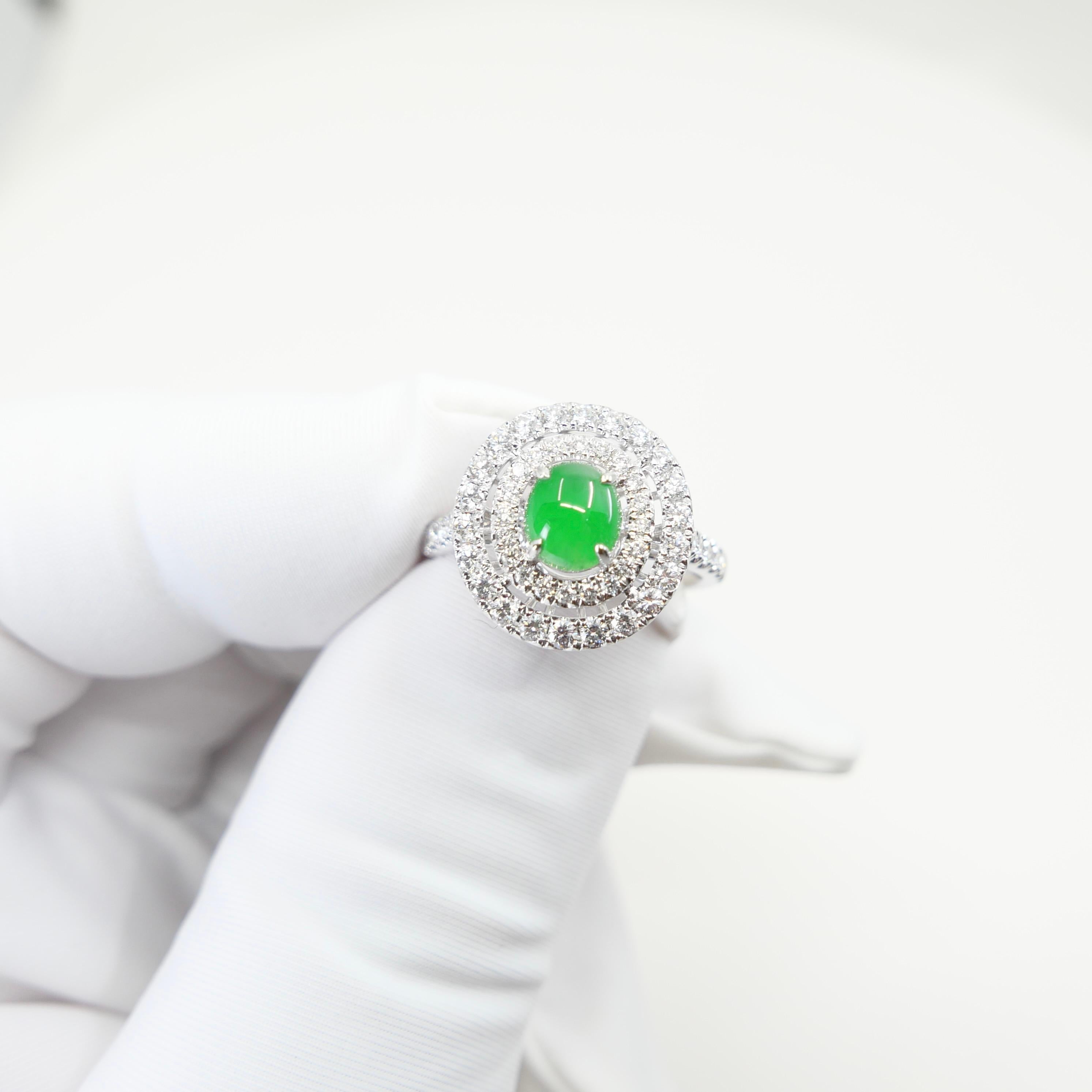 Certified Natural Jade & Diamond Cocktail Ring, Intense Apple Green Color. For Sale 4