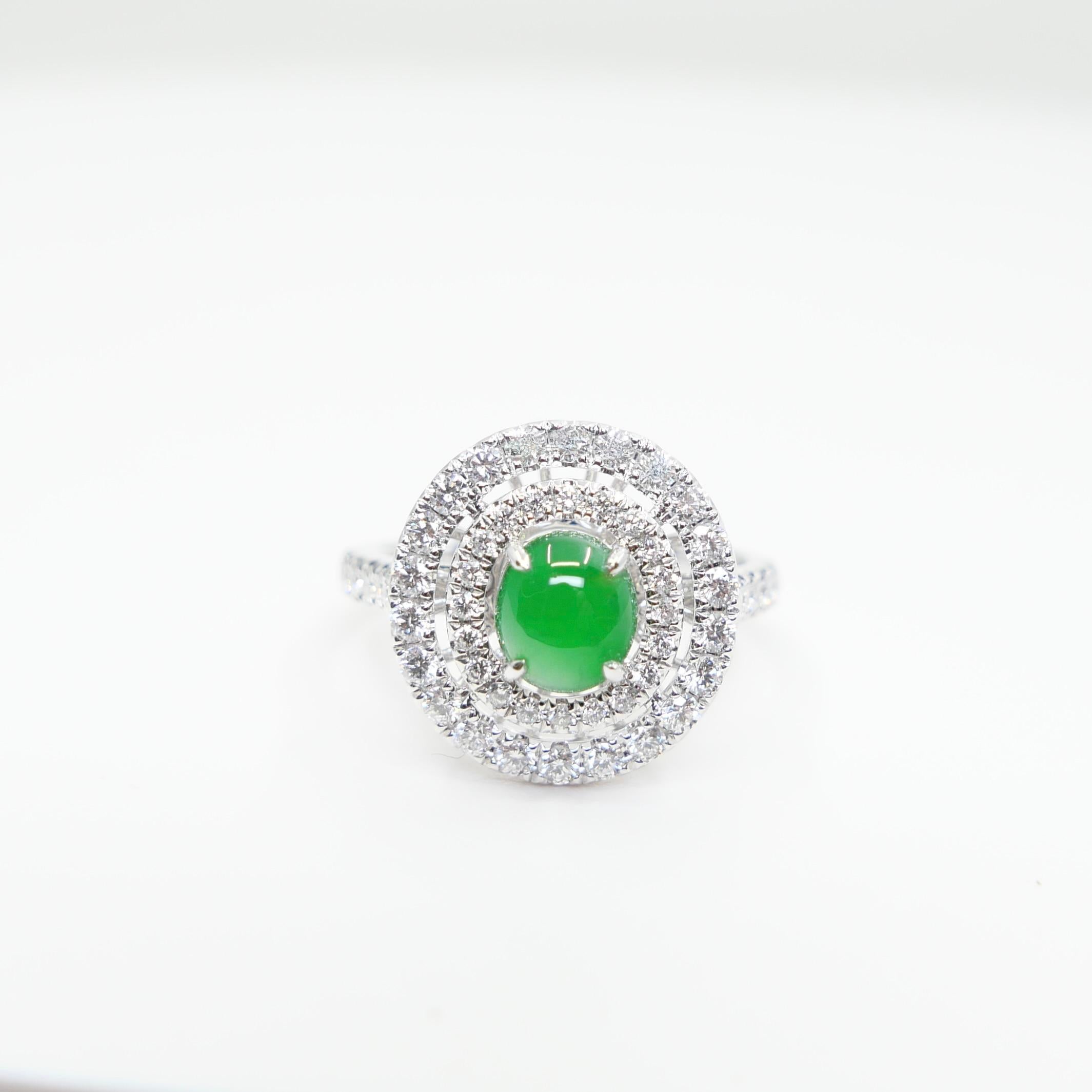 Certified Natural Jade & Diamond Cocktail Ring, Intense Apple Green Color. For Sale 6