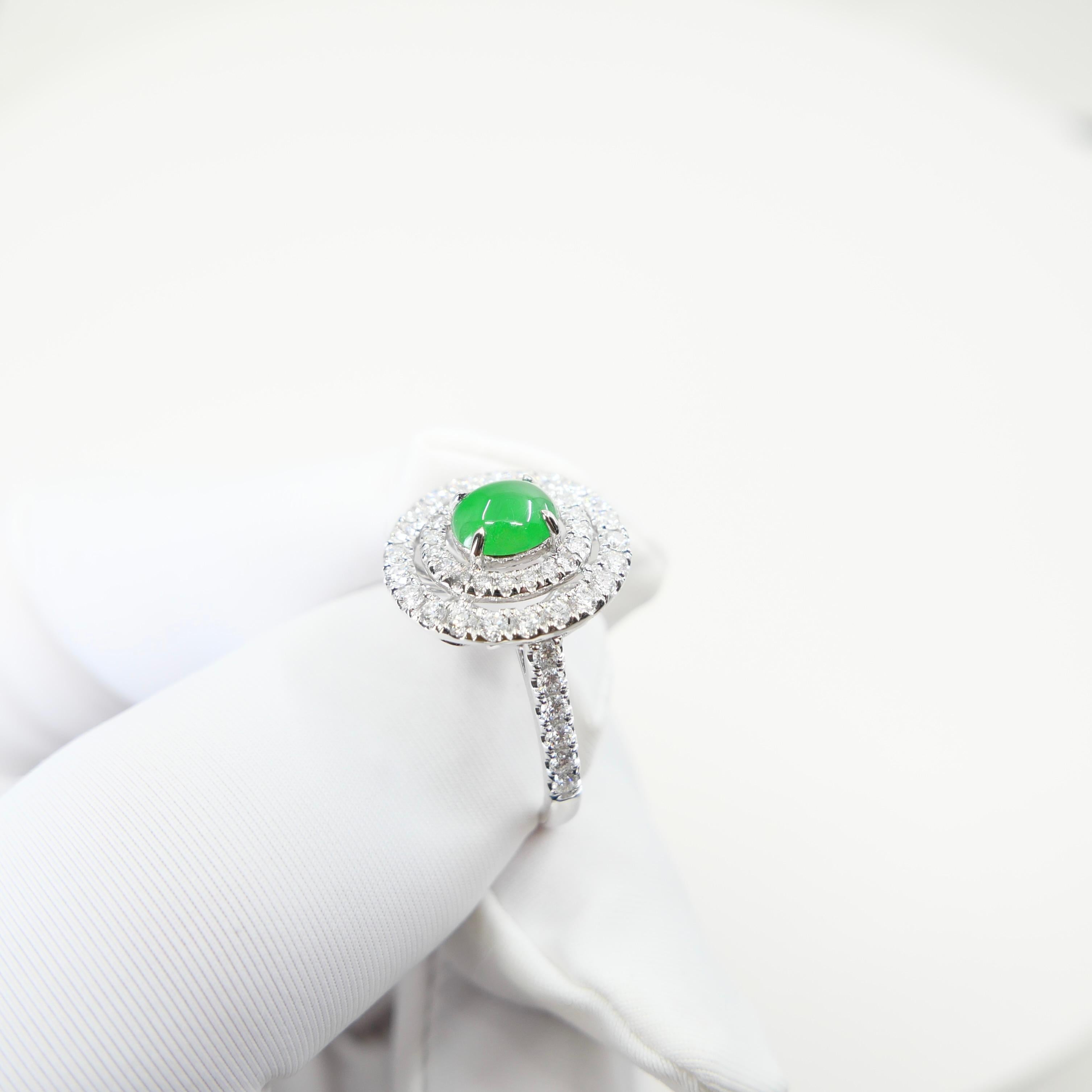 Certified Natural Jade & Diamond Cocktail Ring, Intense Apple Green Color. For Sale 7