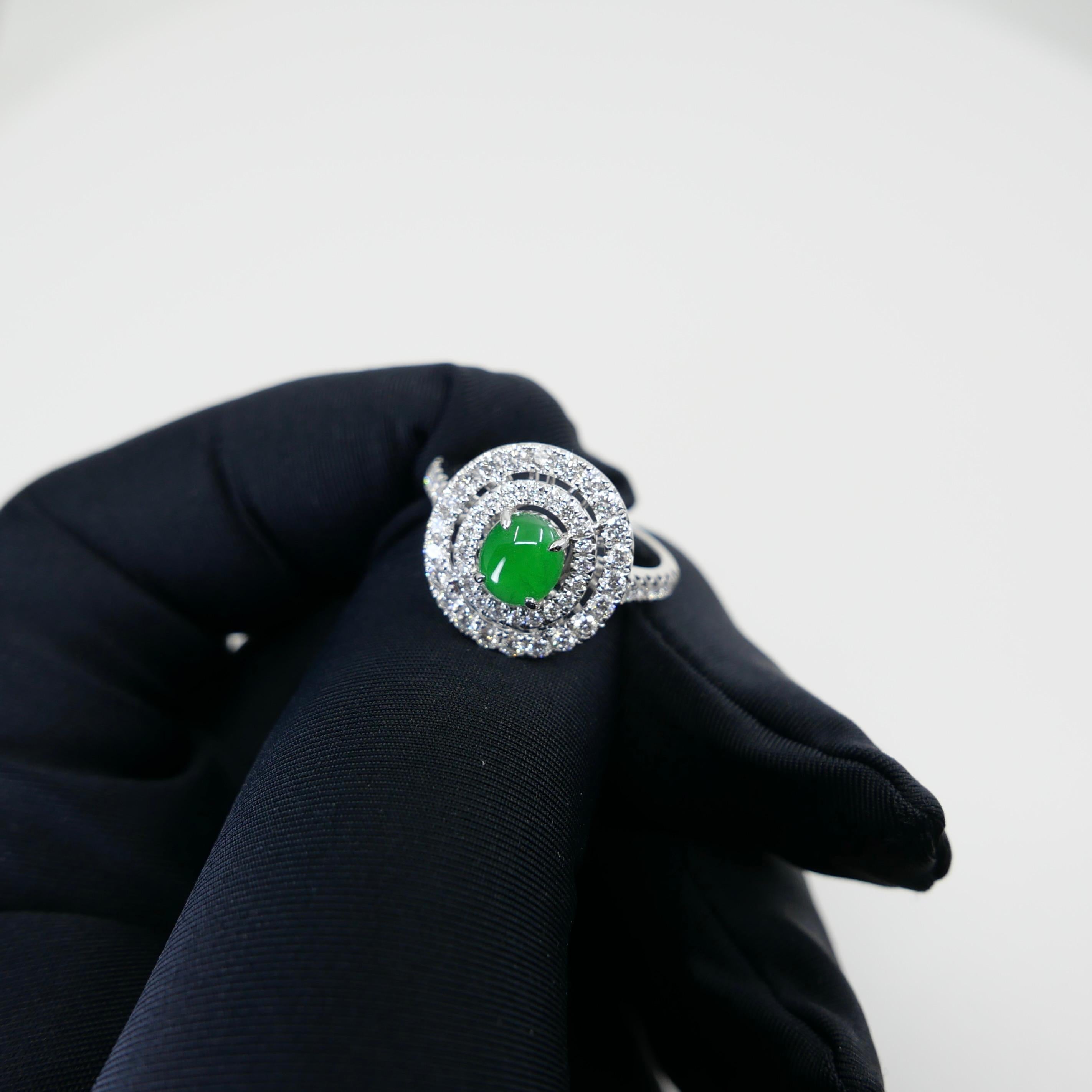 Certified Natural Jade & Diamond Cocktail Ring, Intense Apple Green Color. For Sale 10