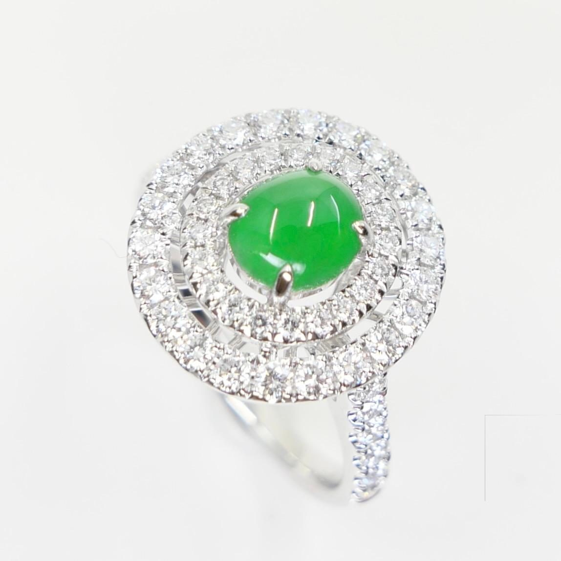 Cabochon Certified Natural Jade & Diamond Cocktail Ring, Intense Apple Green Color. For Sale