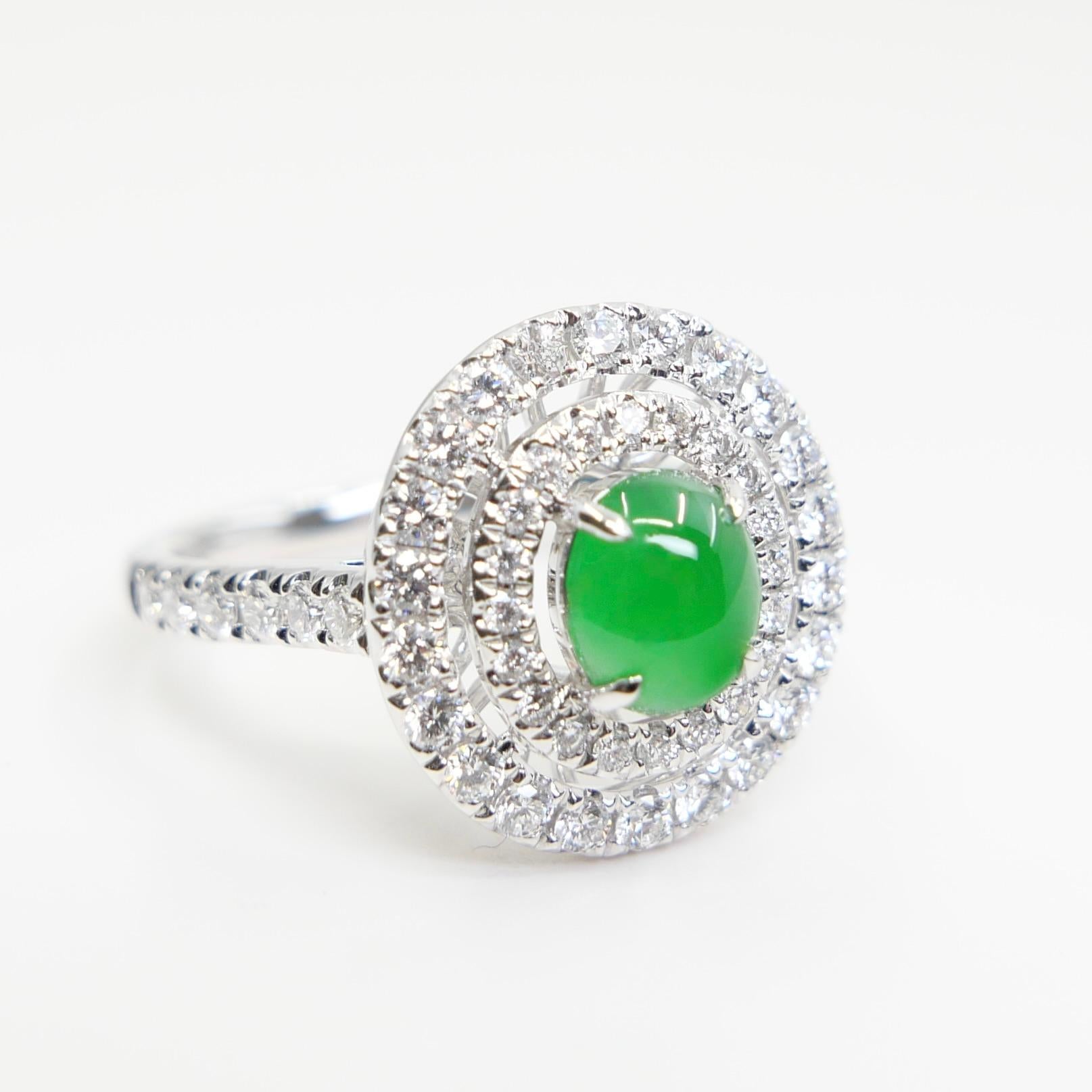 Women's Certified Natural Jade & Diamond Cocktail Ring, Intense Apple Green Color. For Sale