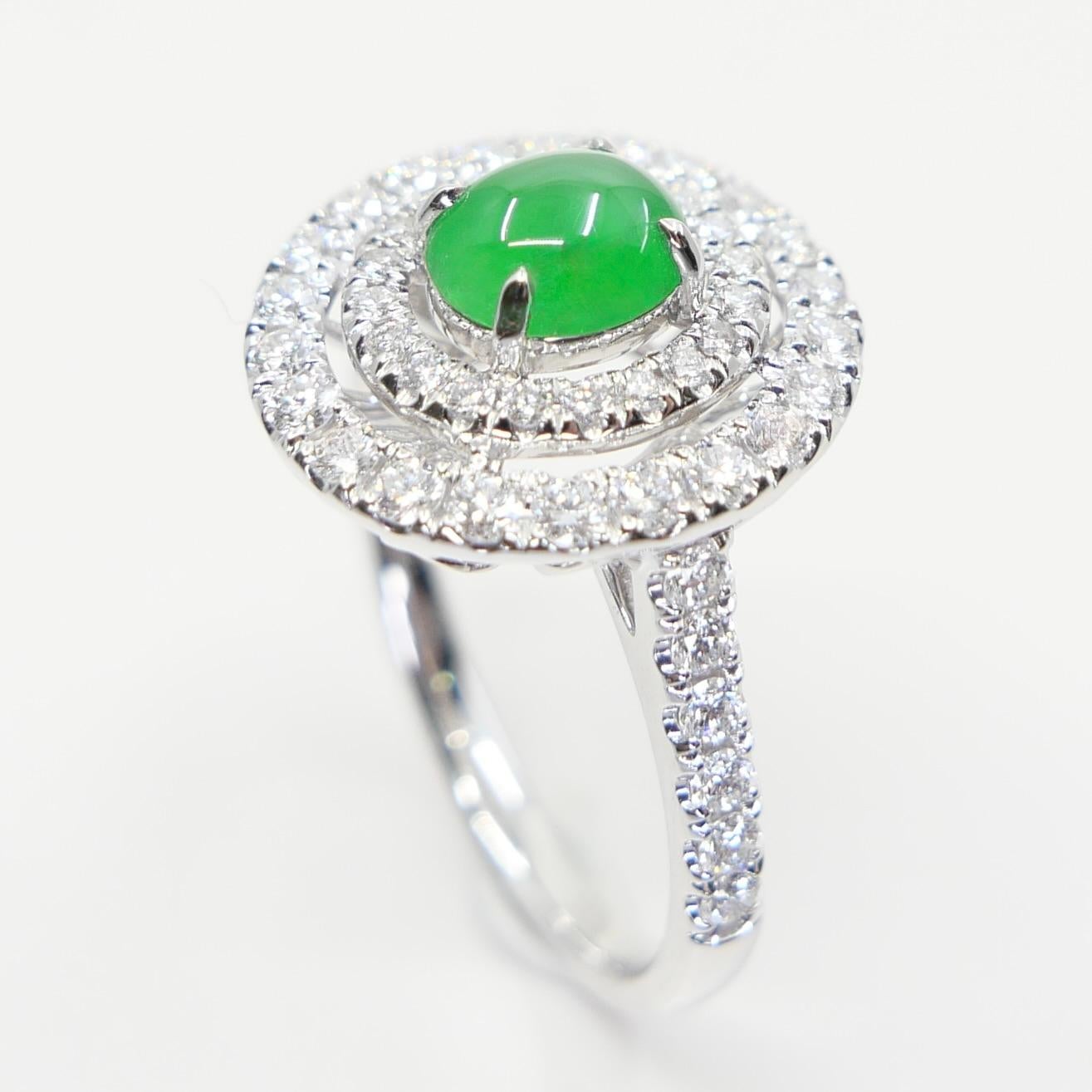 Certified Natural Jade & Diamond Cocktail Ring, Intense Apple Green Color. For Sale 1