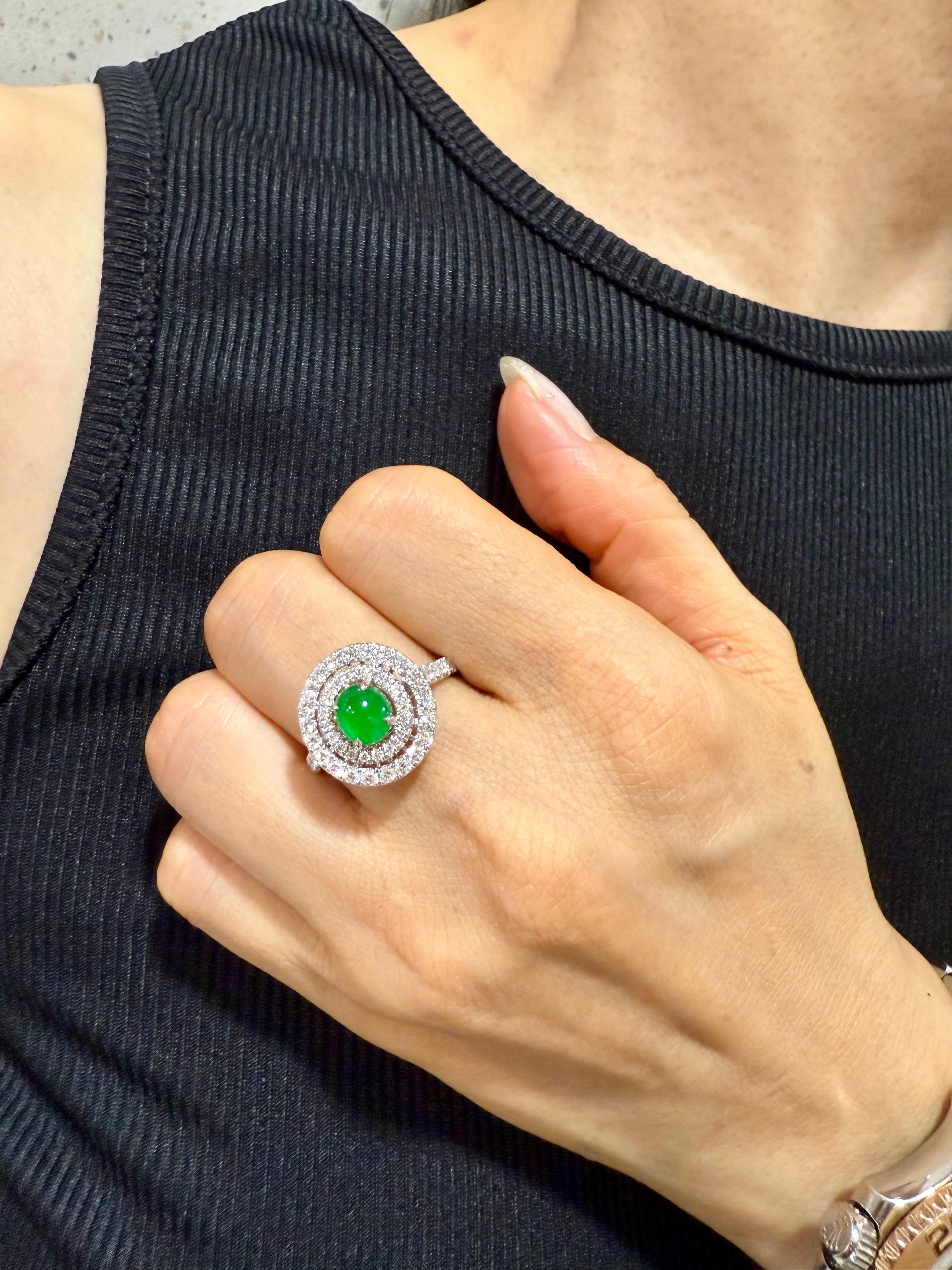Certified Natural Jade & Diamond Cocktail Ring, Intense Apple Green Color. For Sale 2