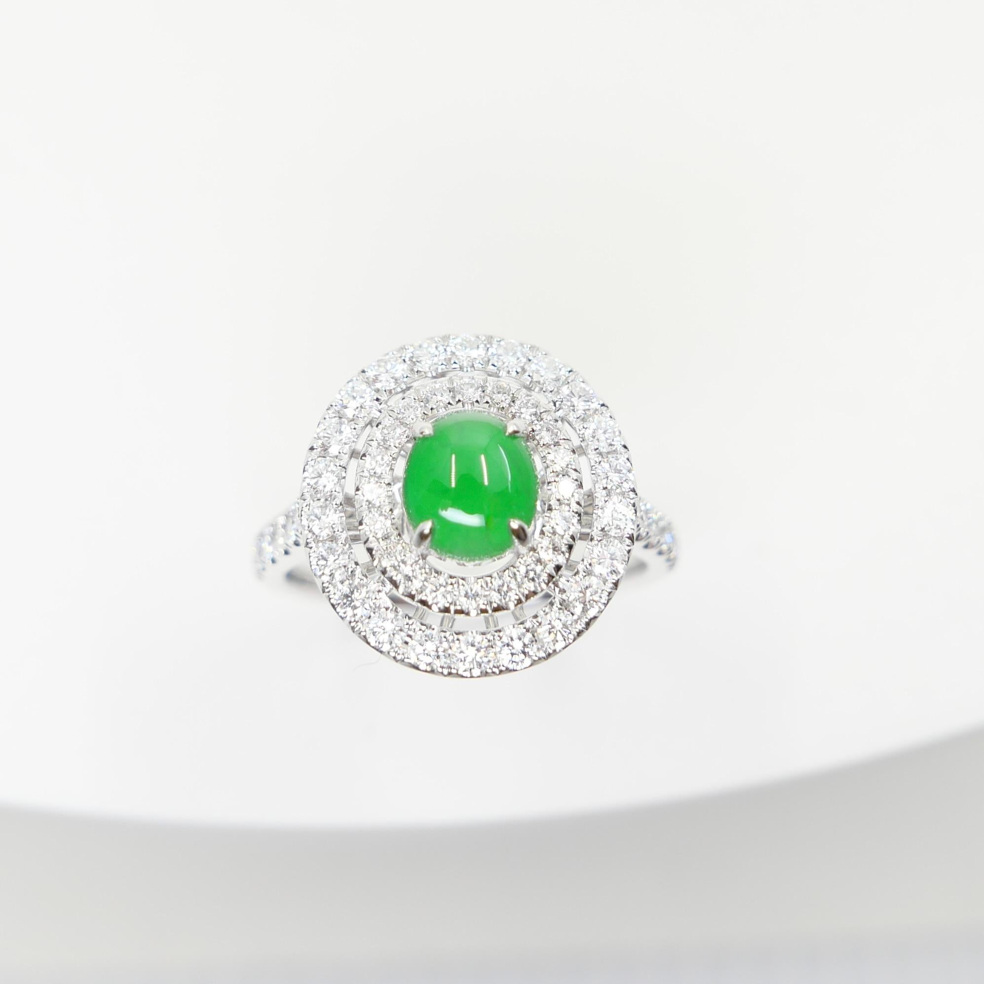 Certified Natural Jade & Diamond Cocktail Ring, Intense Apple Green Color. For Sale 3