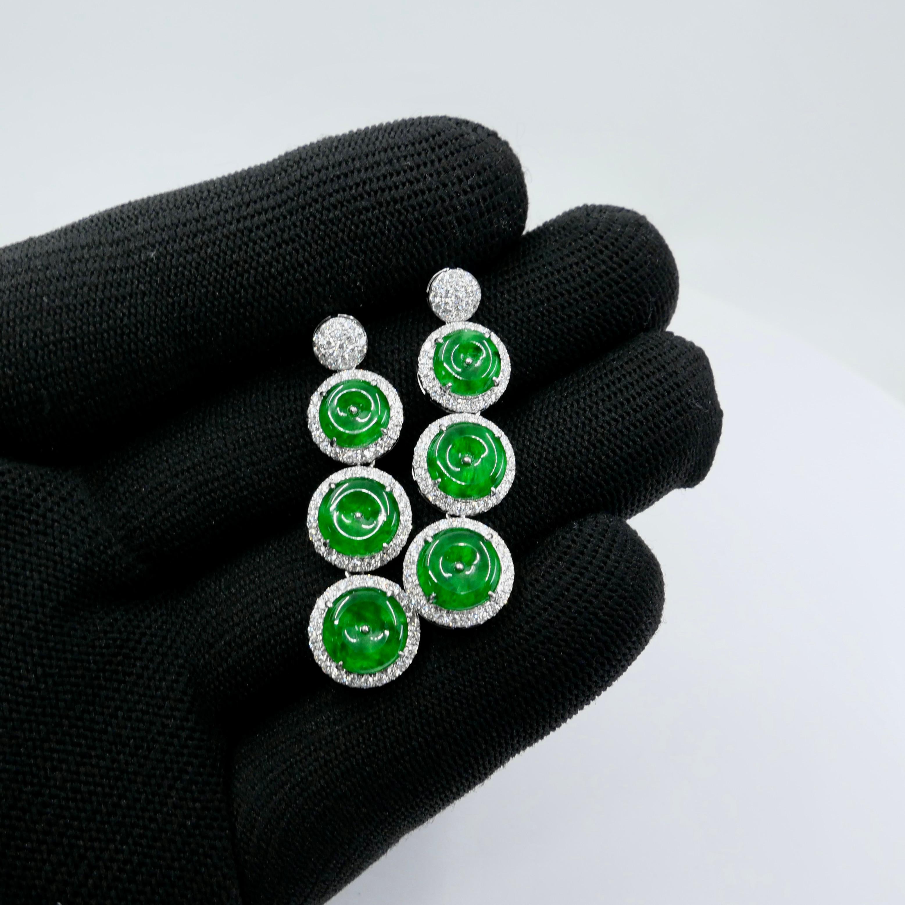 Zertifizierte Tropfenohrringe aus natürlicher Jade und Diamanten. Spinat & kaiserlich-grüne Farbe im Angebot 5