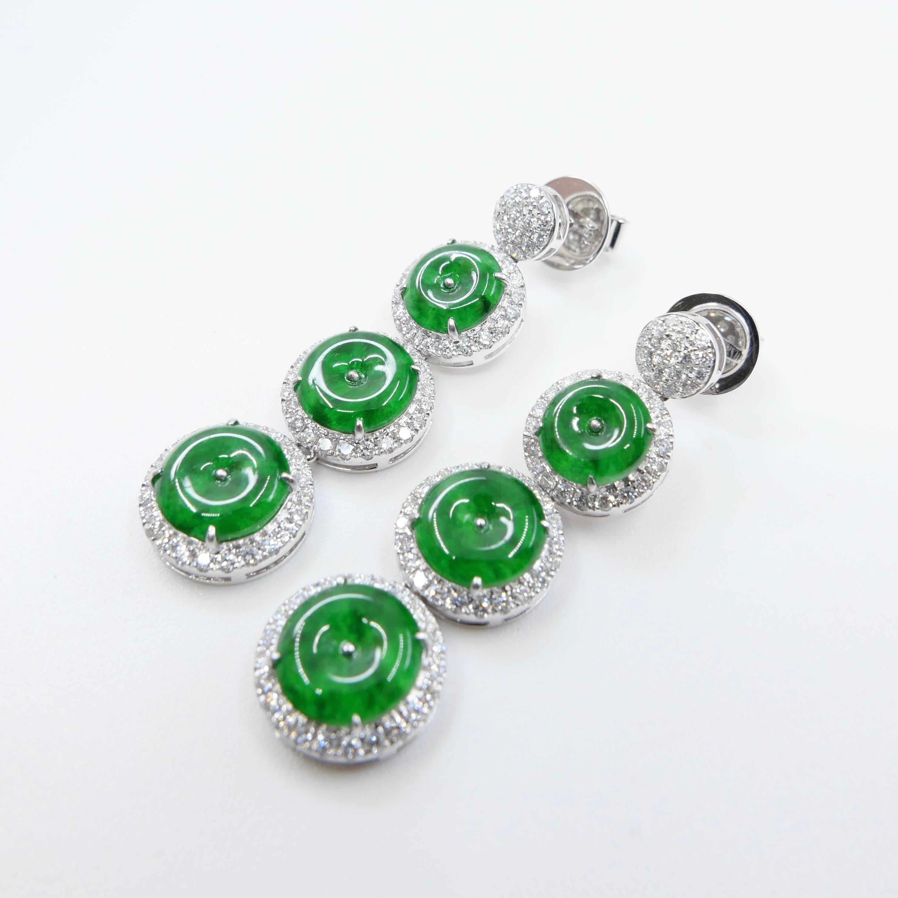 Zertifizierte Tropfenohrringe aus natürlicher Jade und Diamanten. Spinat & kaiserlich-grüne Farbe im Angebot 9