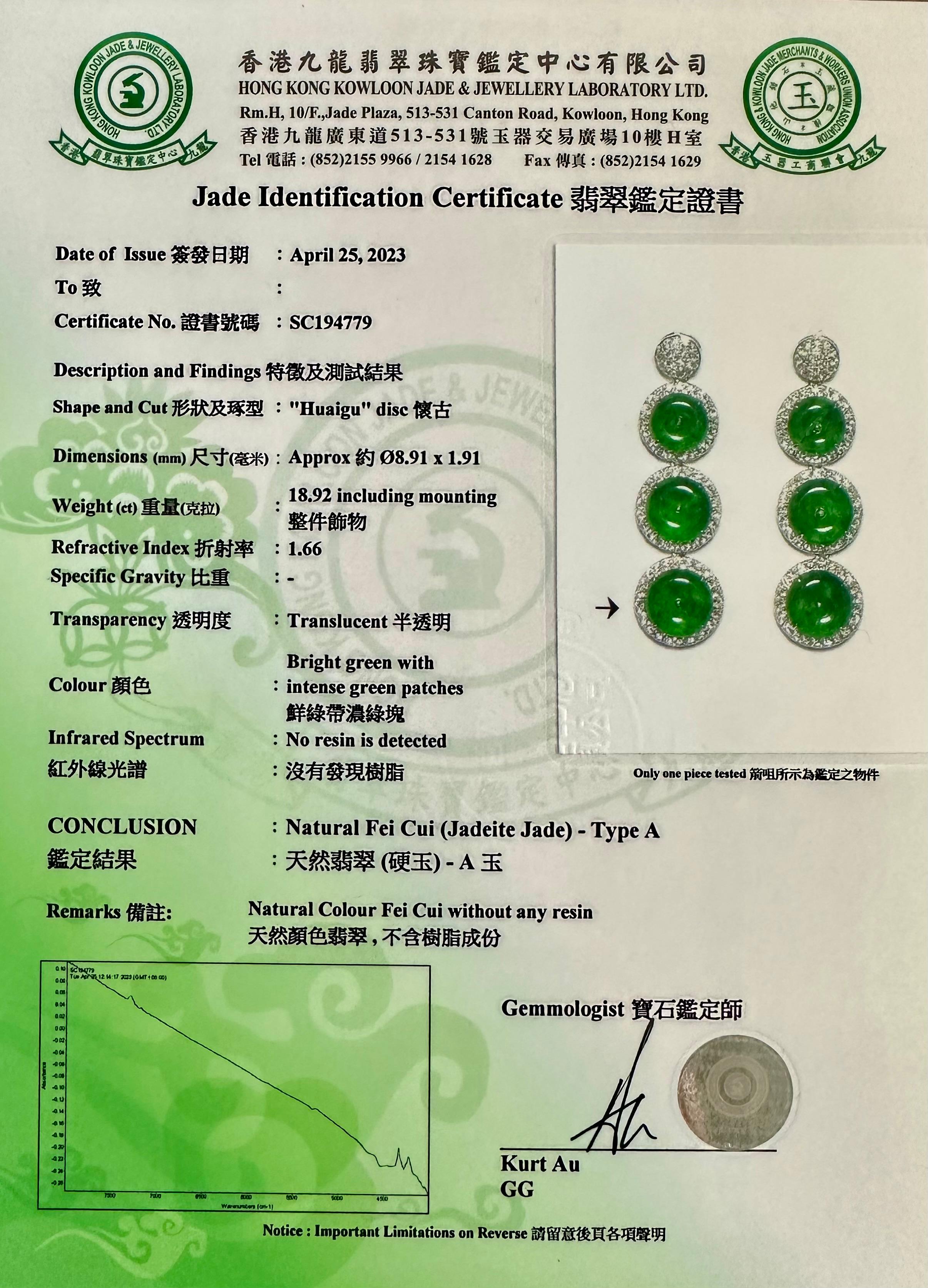 Zertifizierte Tropfenohrringe aus natürlicher Jade und Diamanten. Spinat & kaiserlich-grüne Farbe im Angebot 15
