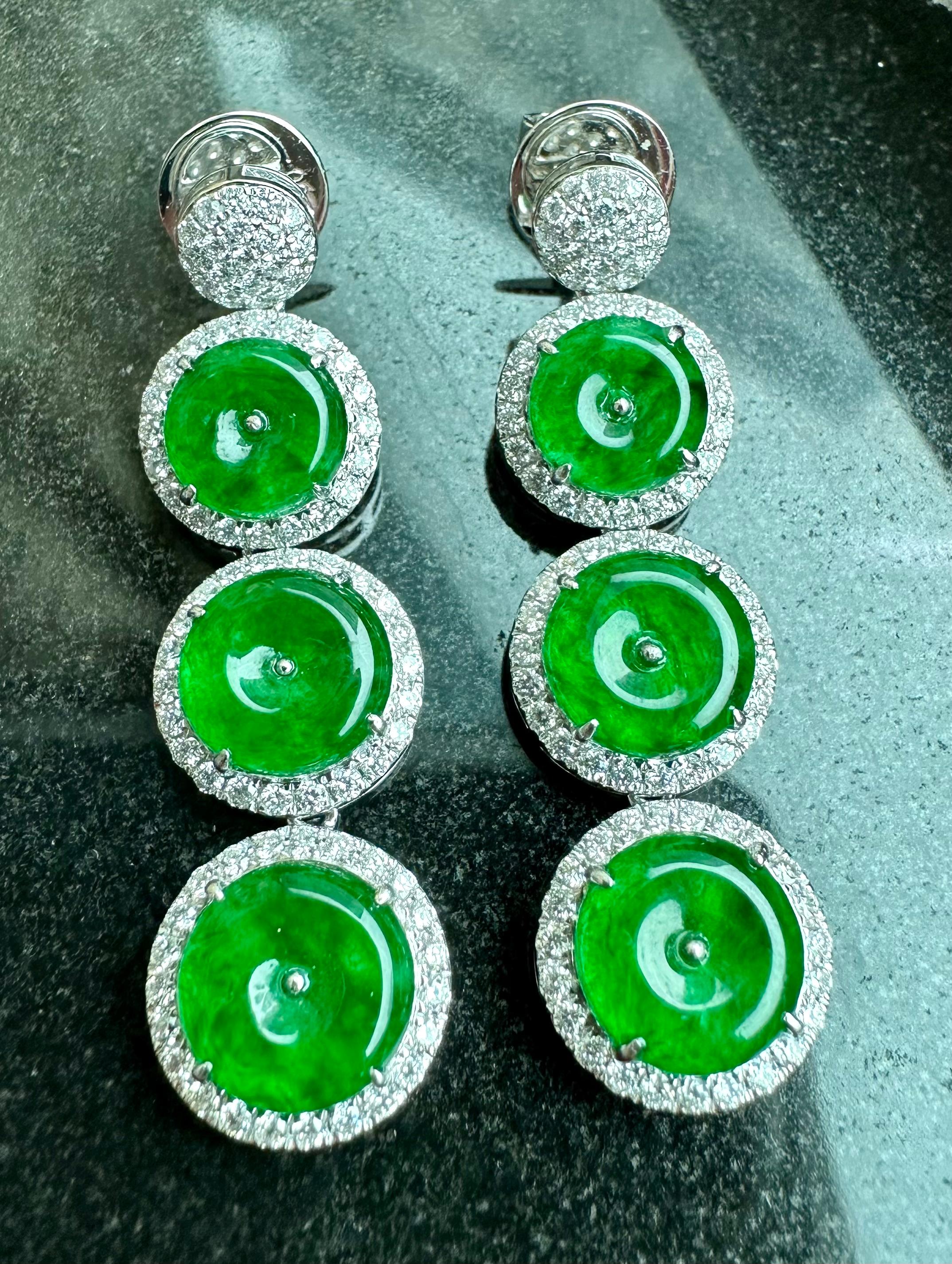 Round Cut Certified Natural Jade & Diamond Drop Earrings. Spinach & Imperial Green Color For Sale
