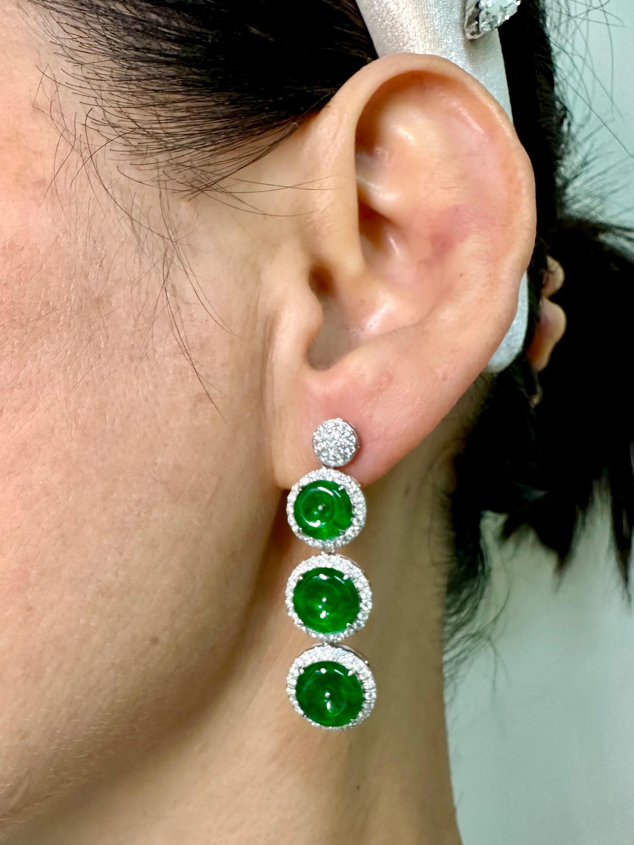 Certified Natural Jade & Diamond Drop Earrings. Spinach & Imperial Green Color In New Condition For Sale In Hong Kong, HK