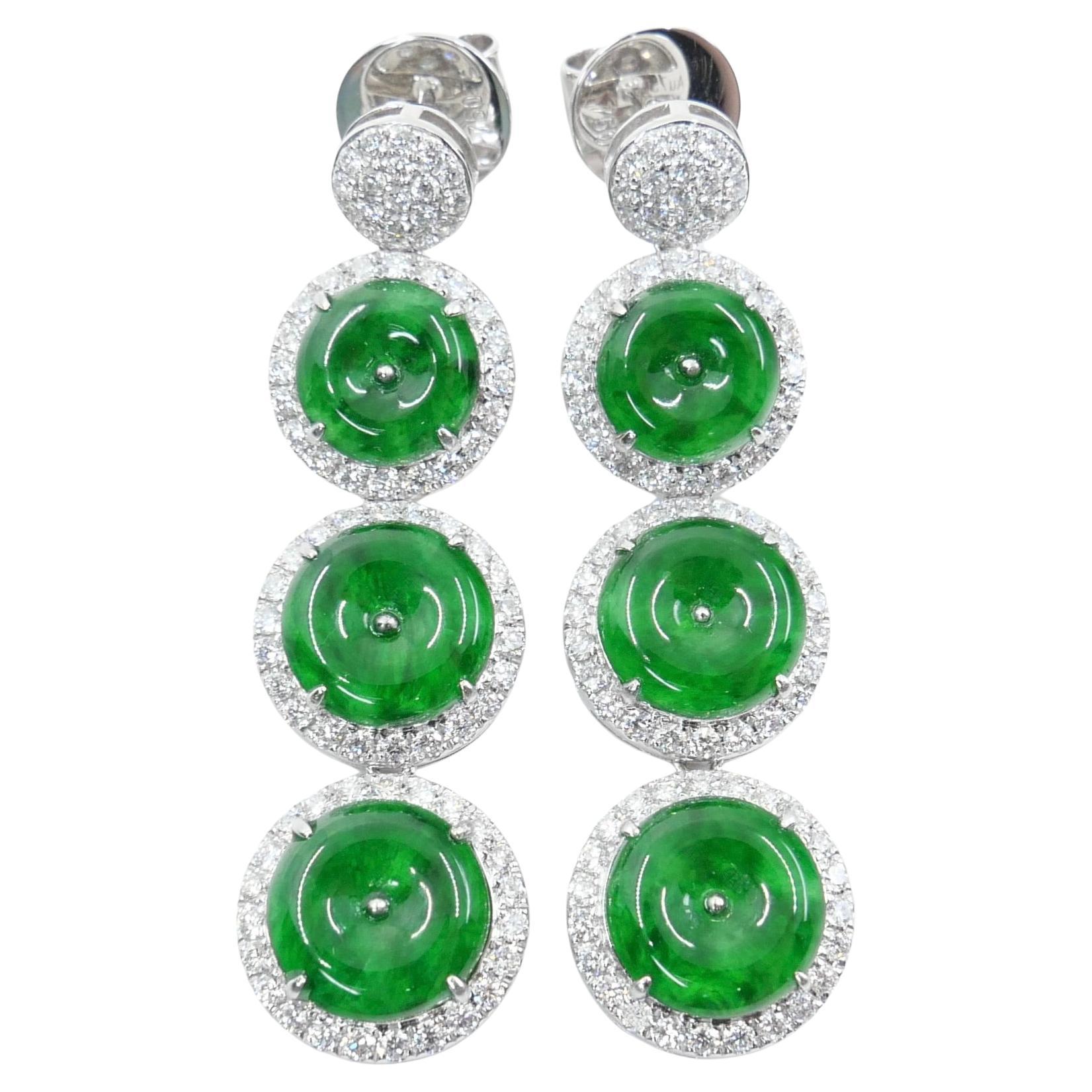 Certified Natural Jade & Diamond Drop Earrings. Spinach & Imperial Green Color For Sale