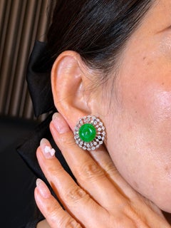 Certified Natural Jade & Diamond Earrings. Apple Green Color. 24mm Substantial.