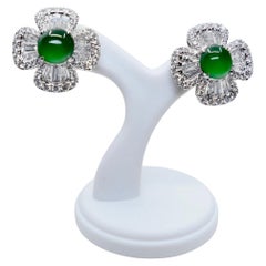 Certified Natural Jade 
Diamond Flower Earrings. Best Imperial Green!