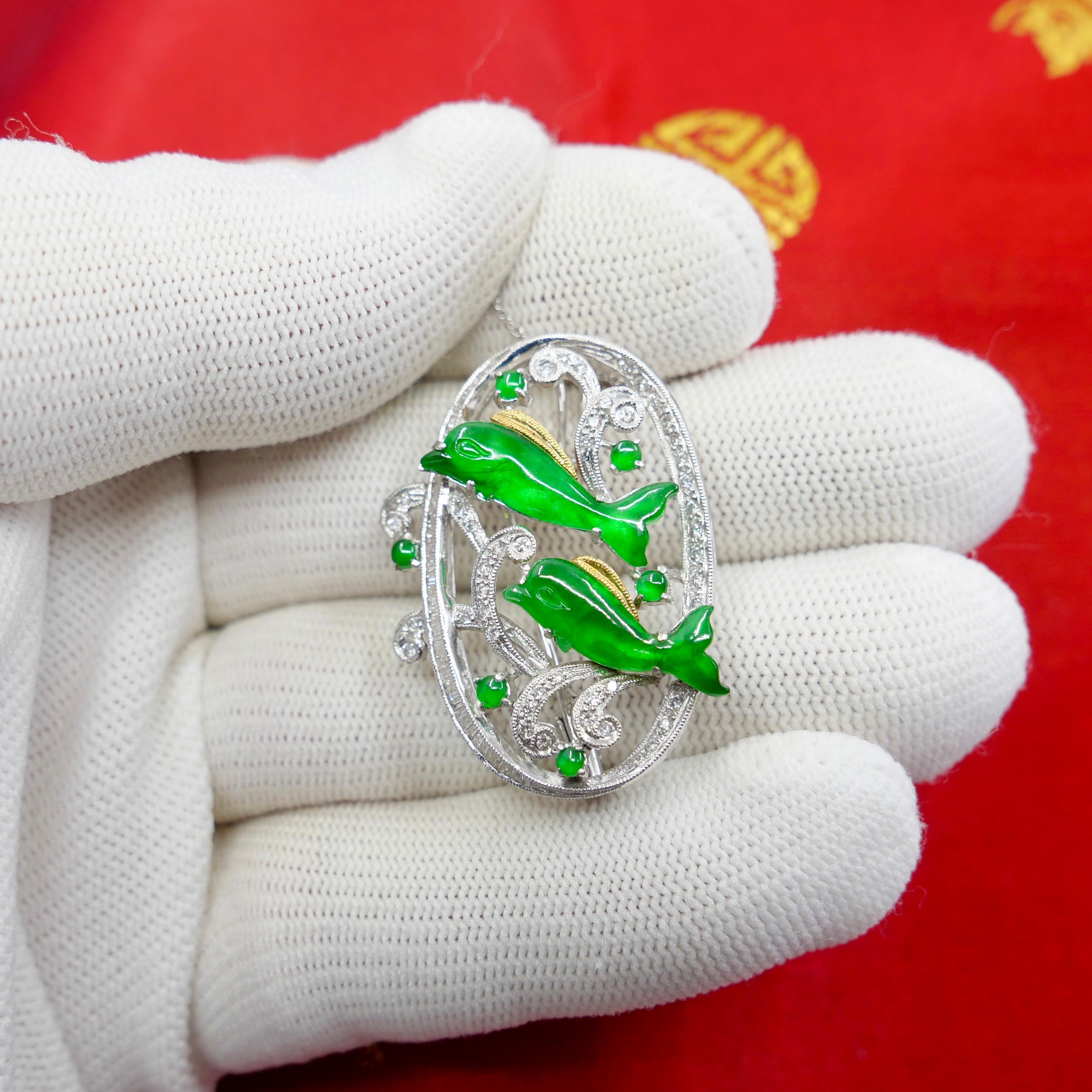 Certified Natural Jade Diamond Pendant Brooch, Vivid Apple Green, Dolphins For Sale 4