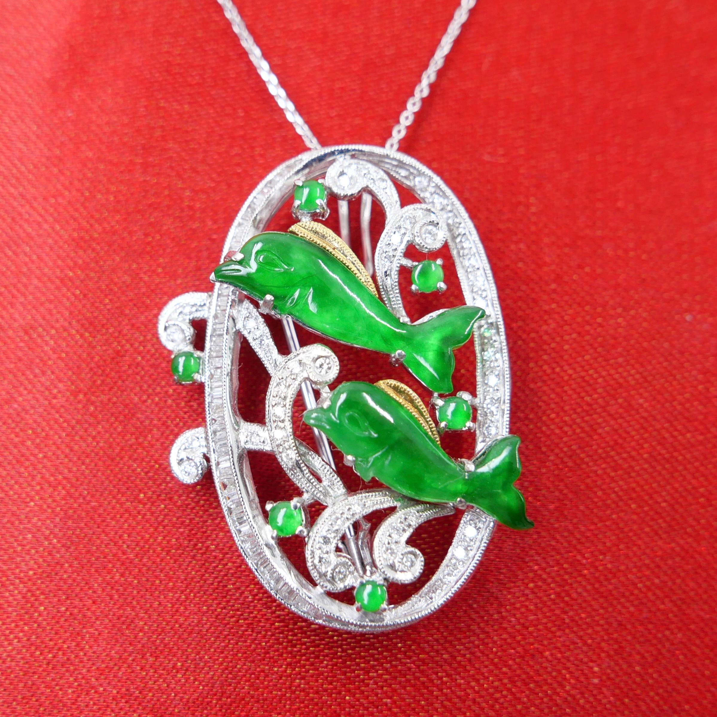 Certified Natural Jade Diamond Pendant Brooch, Vivid Apple Green, Dolphins For Sale 6
