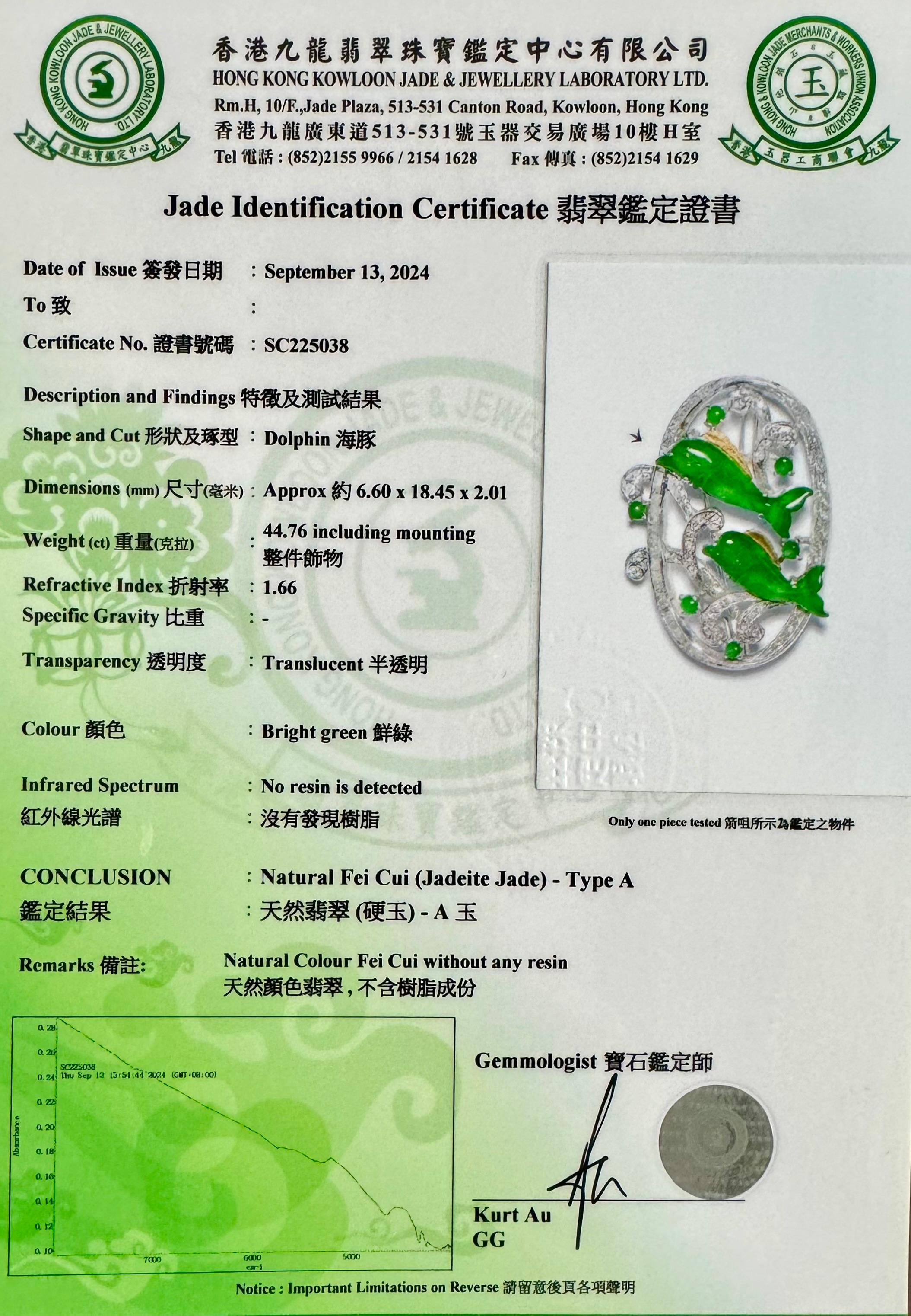 Certified Natural Jade Diamond Pendant Brooch, Vivid Apple Green, Dolphins For Sale 11