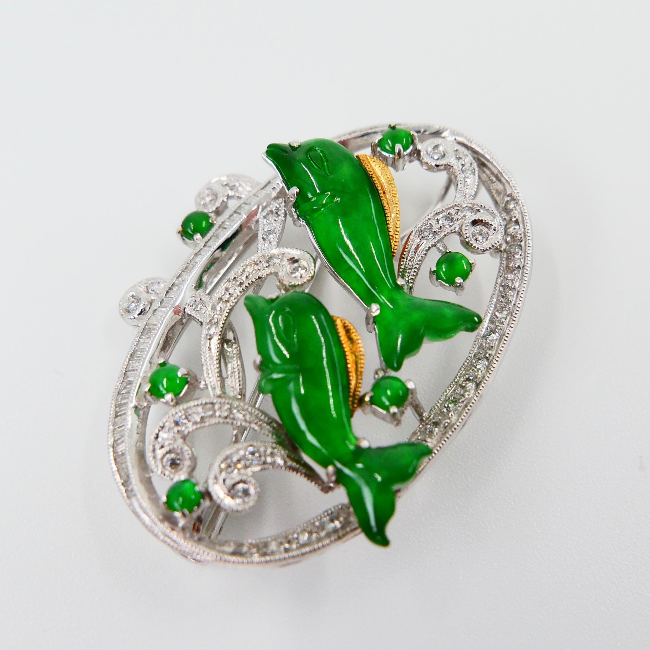 Certified Natural Jade Diamond Pendant Brooch, Vivid Apple Green, Dolphins In New Condition For Sale In Hong Kong, HK