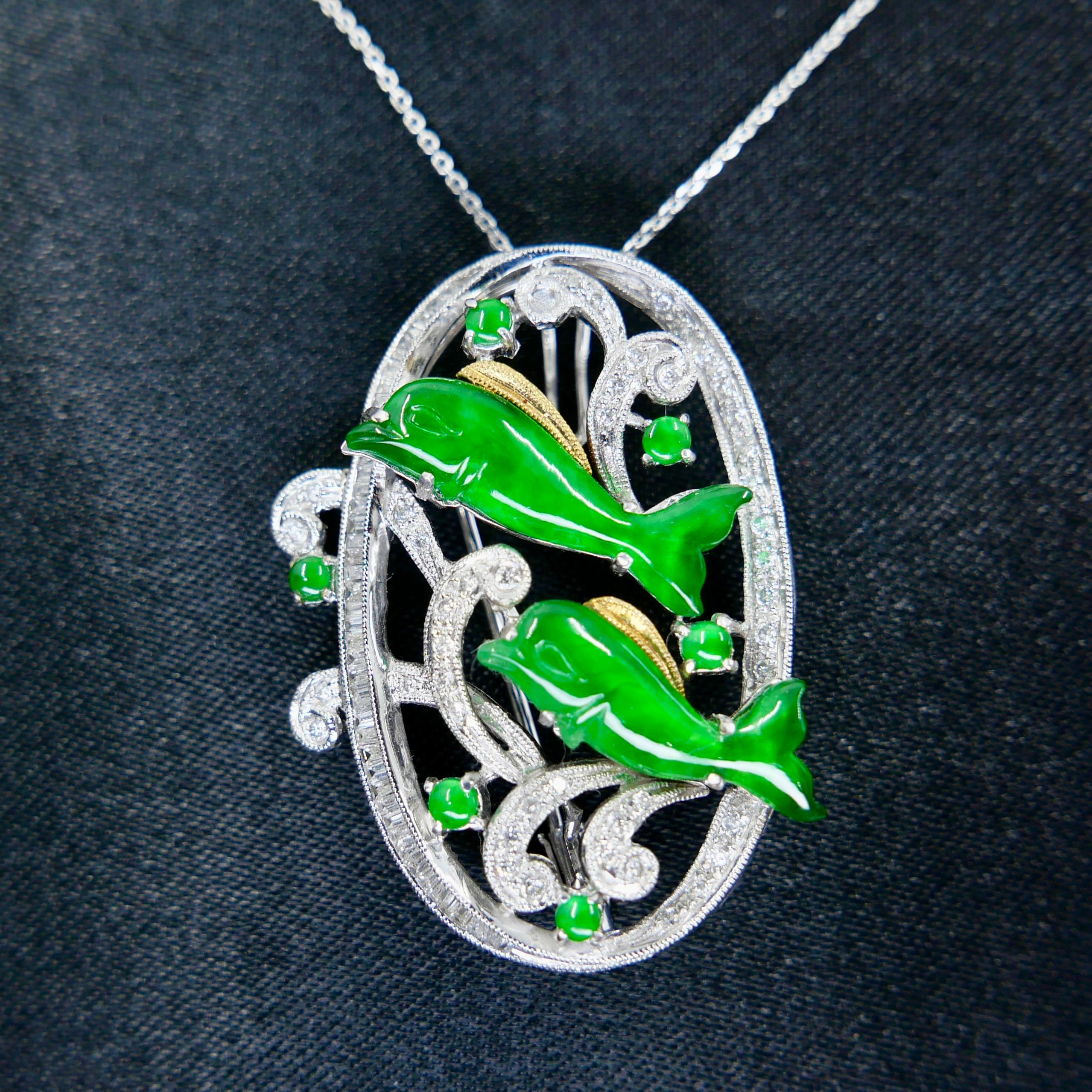 Rough Cut Certified Natural Jade Diamond Pendant Brooch, Vivid Apple Green, Dolphins For Sale