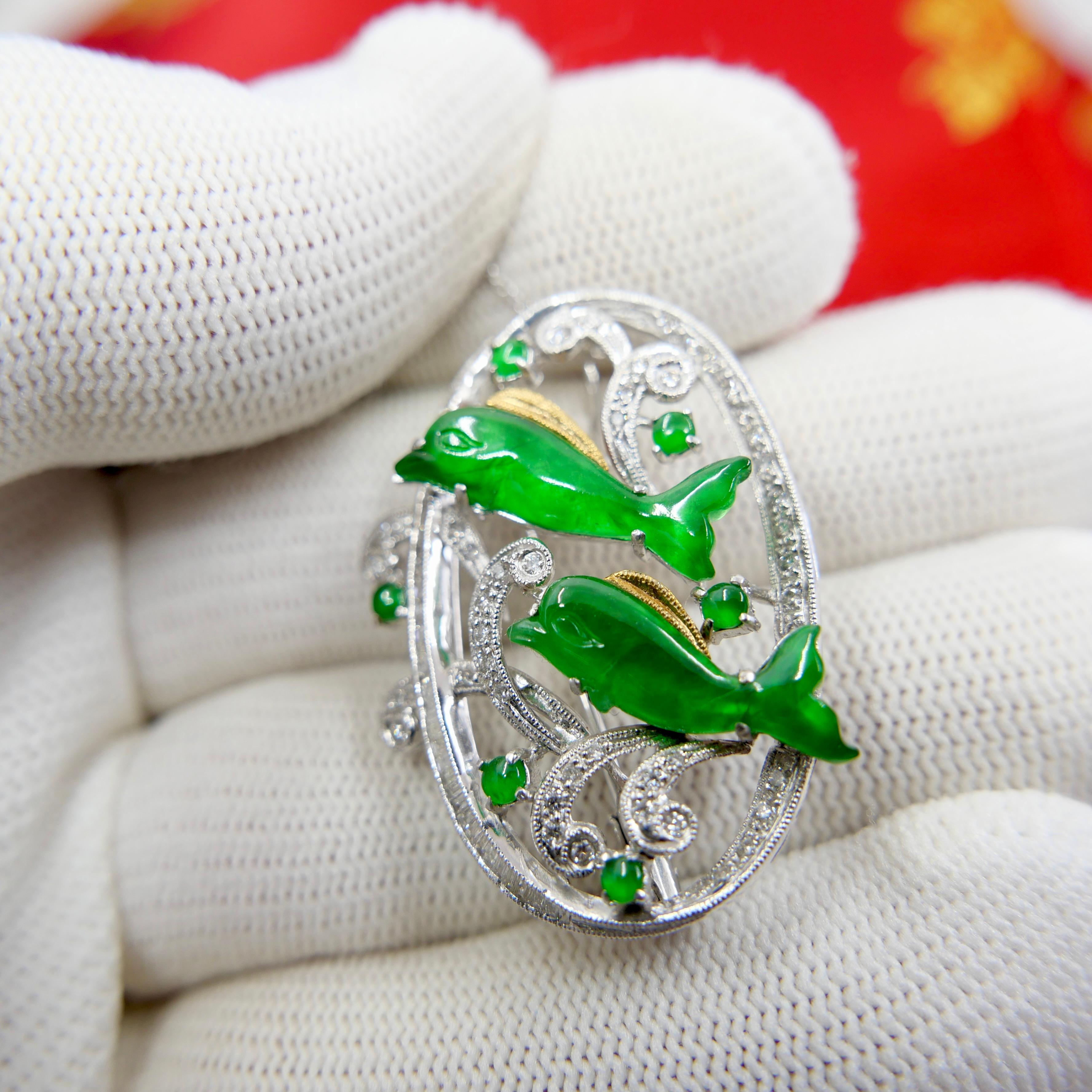 Women's or Men's Certified Natural Jade Diamond Pendant Brooch, Vivid Apple Green, Dolphins For Sale