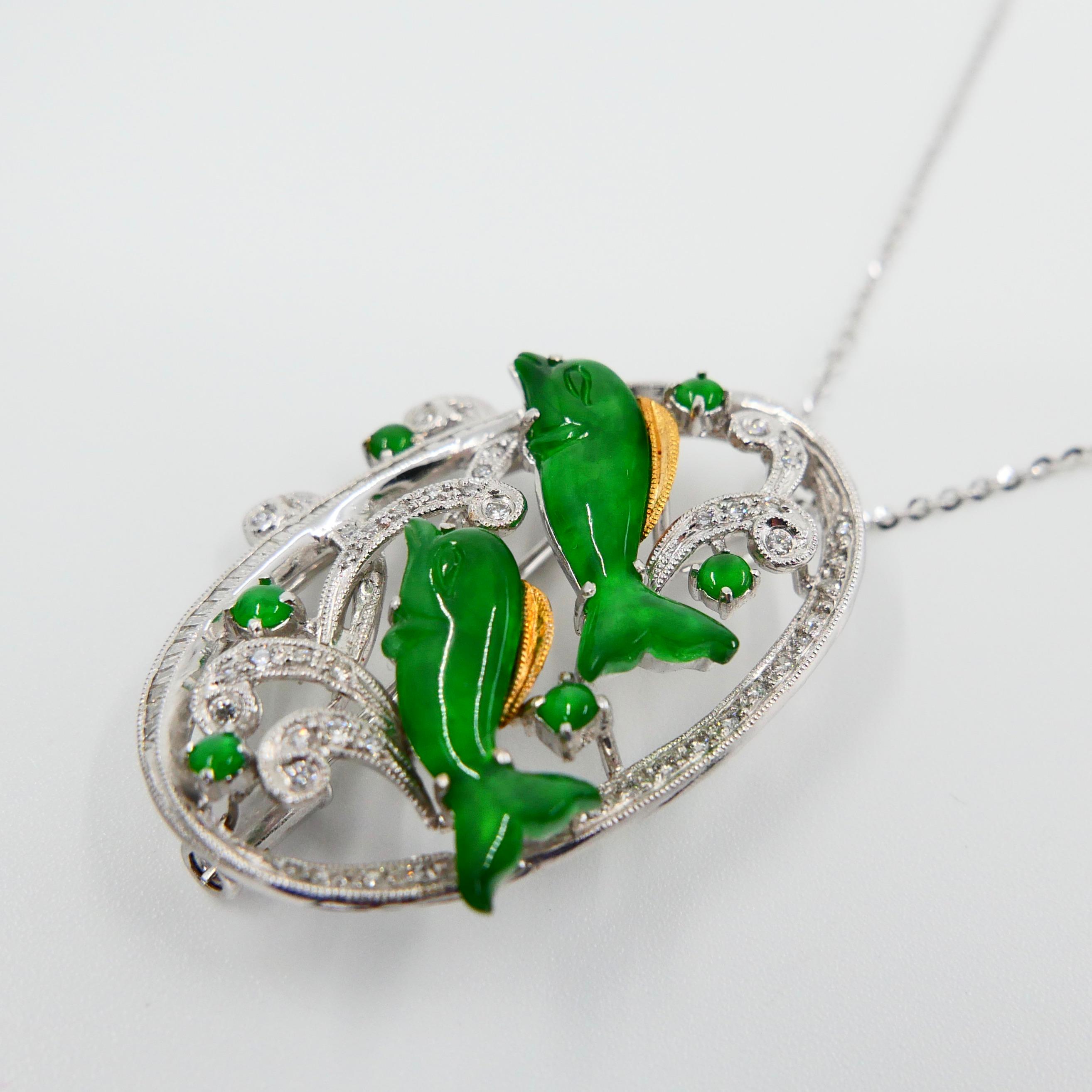 Broche pendentif en diamants et jade naturel certifié vert pomme vif, avec dauphins en vente 4