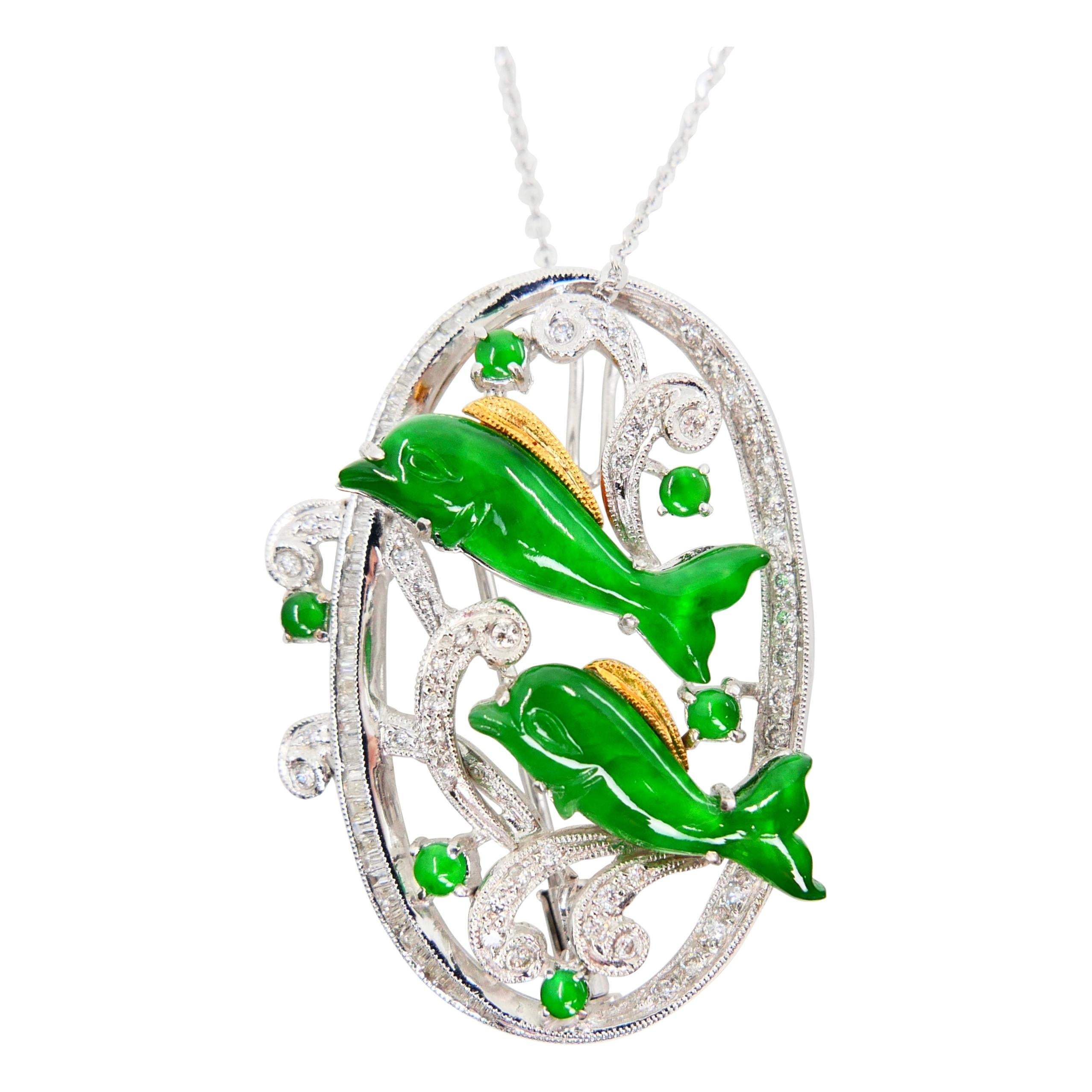 Certified Natural Jade Diamond Pendant Brooch, Vivid Apple Green, Dolphins For Sale