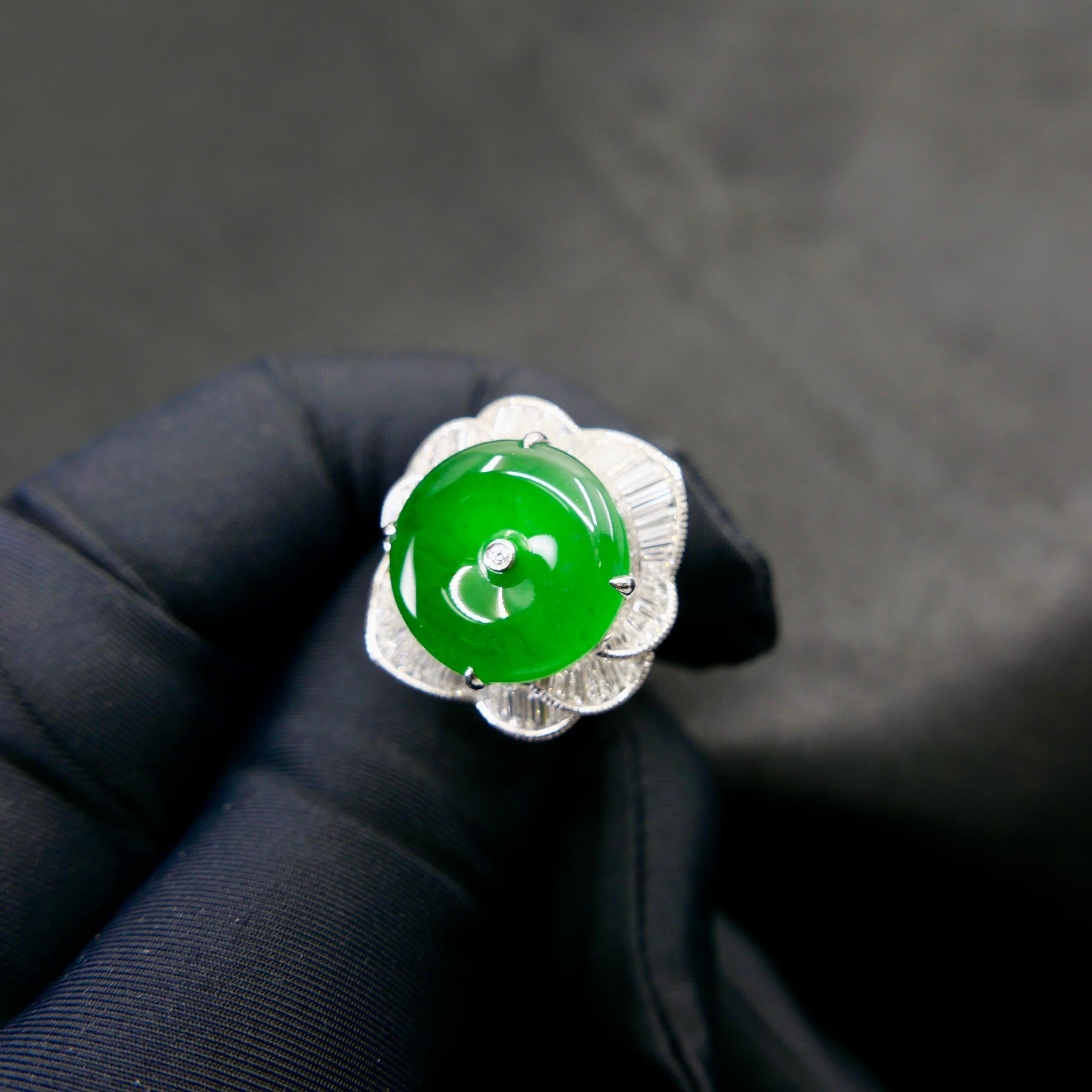 Certified Natural Jade Donut, & Diamond Cocktail Ring. Best Imperial Green! 5