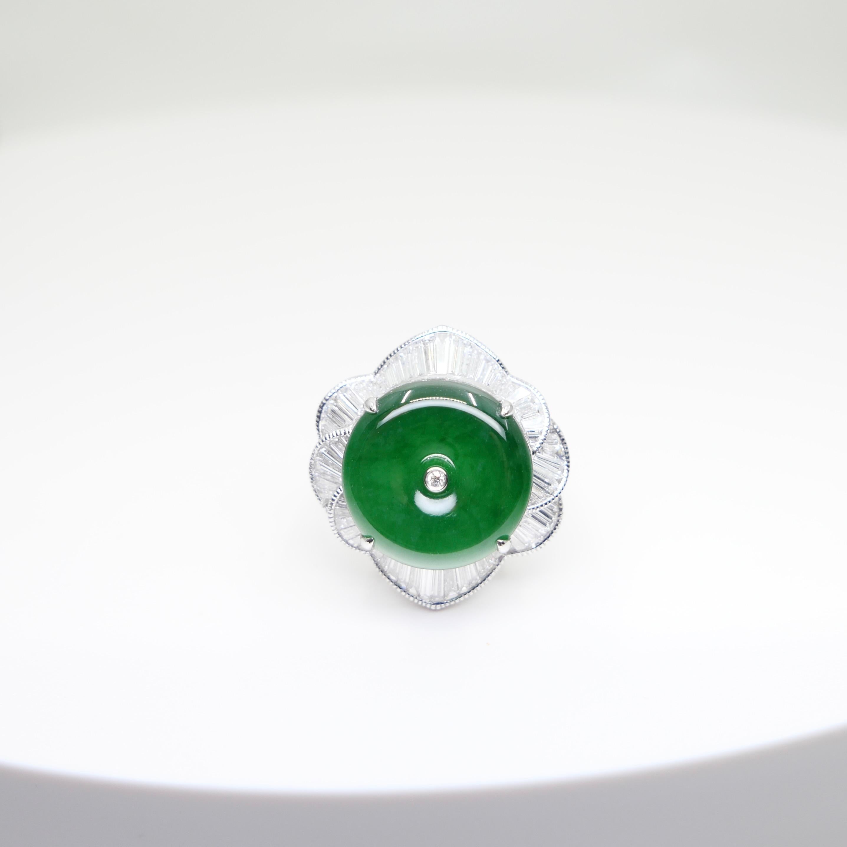 Certified Natural Jade Donut, & Diamond Cocktail Ring. Best Imperial Green! 7