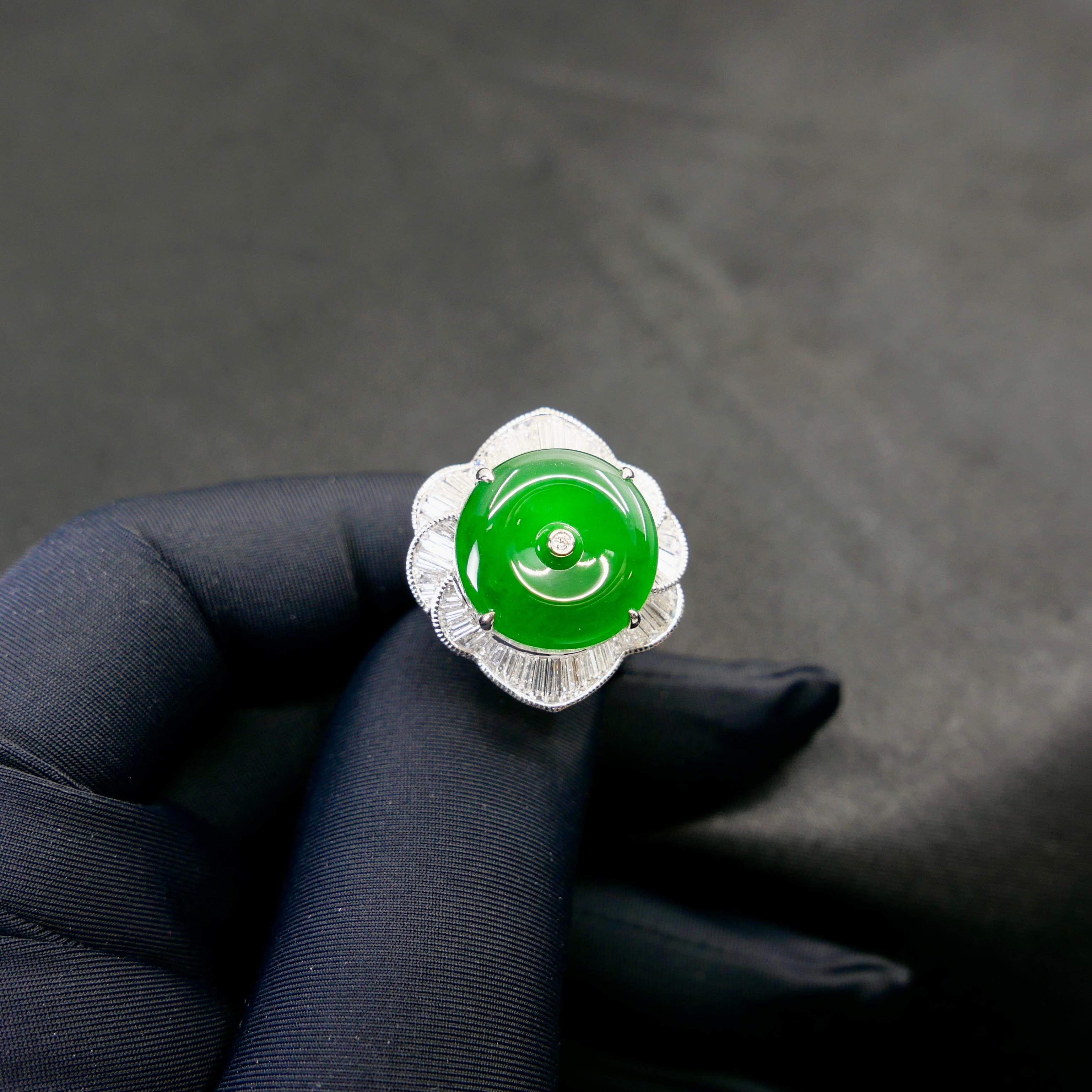 Certified Natural Jade Donut, & Diamond Cocktail Ring. Best Imperial Green! 14