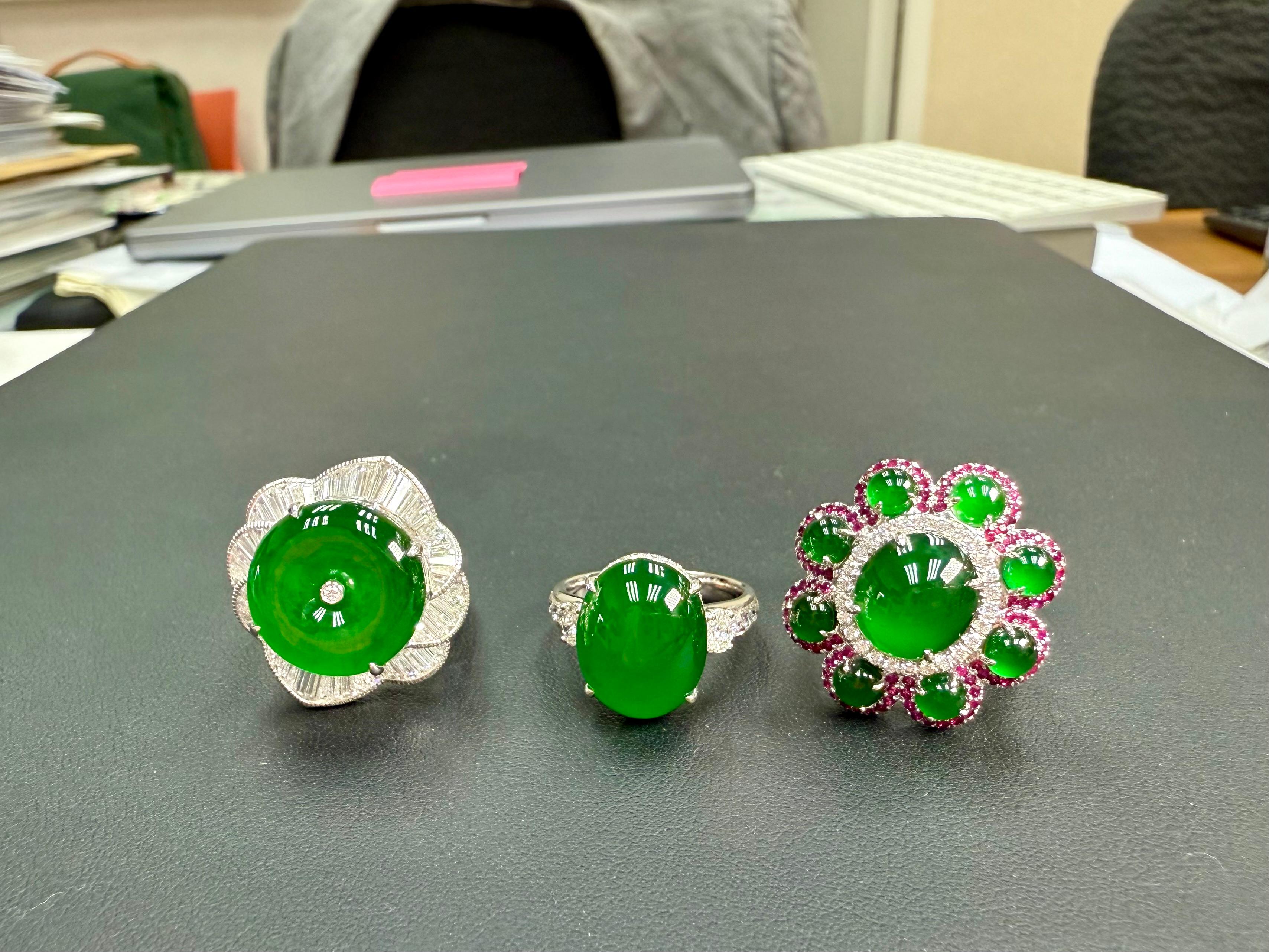 Rough Cut Certified Natural Jade Donut, & Diamond Cocktail Ring. Best Imperial Green!