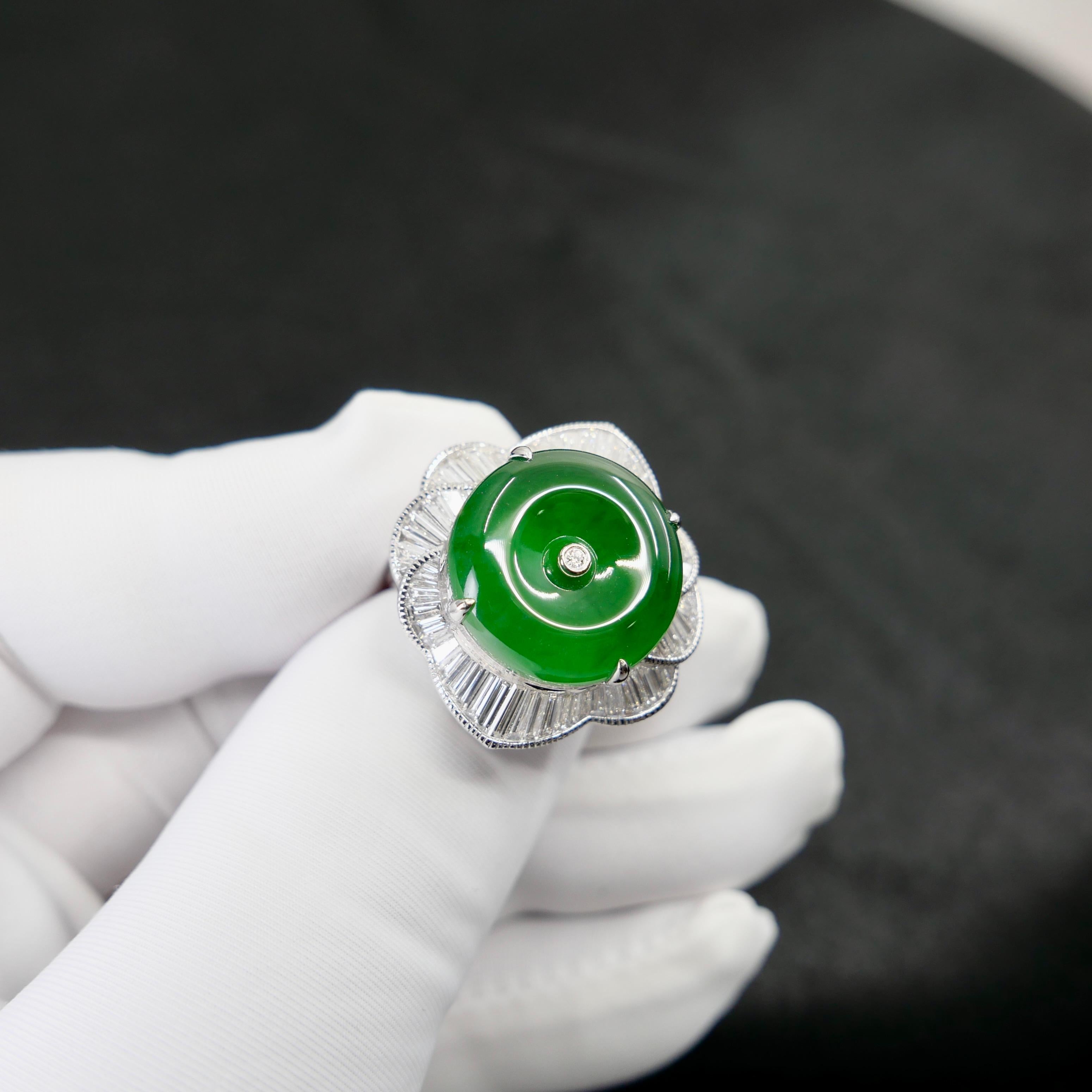 Women's Certified Natural Jade Donut, & Diamond Cocktail Ring. Best Imperial Green!