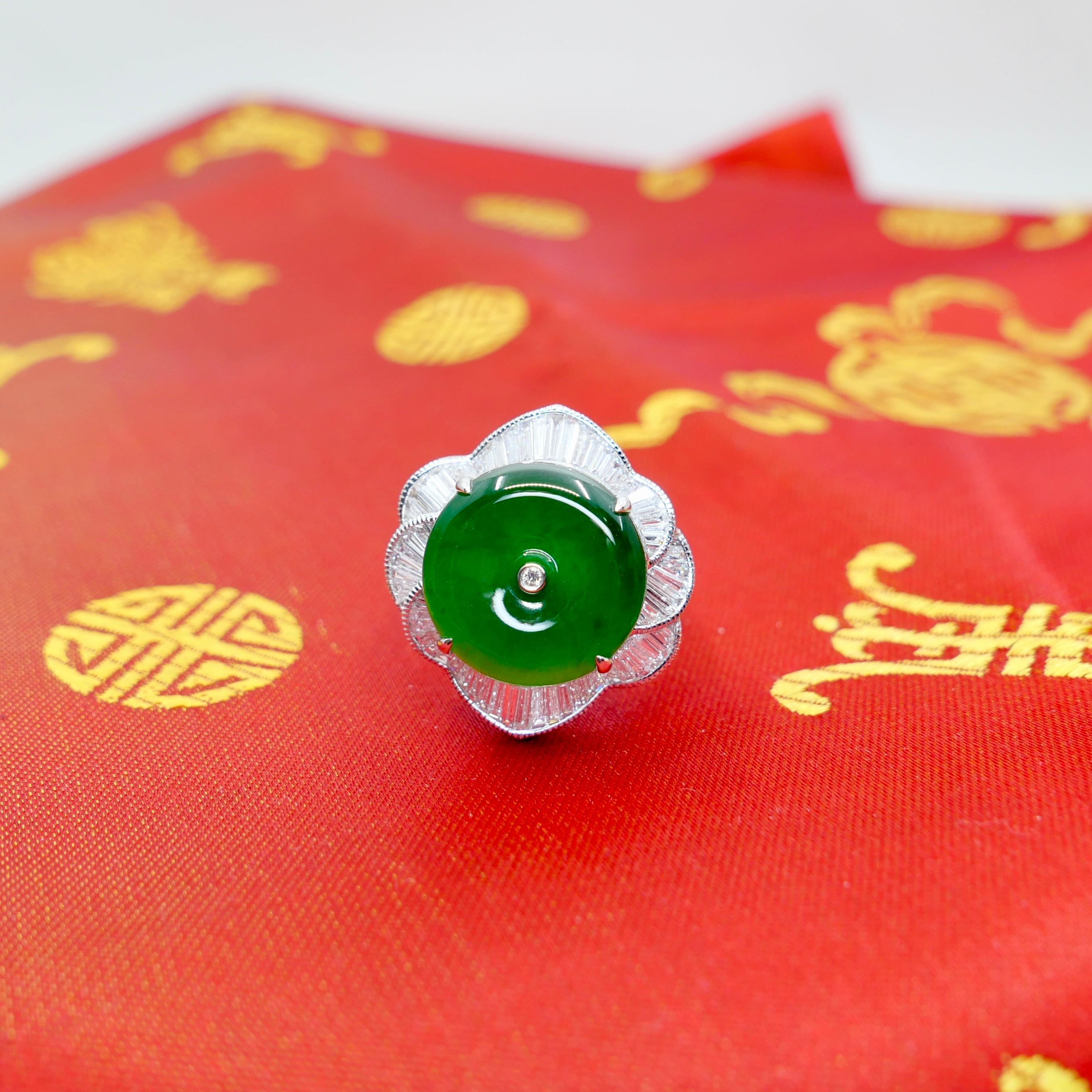Certified Natural Jade Donut, & Diamond Cocktail Ring. Best Imperial Green! 2