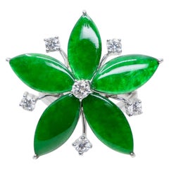 Certified Natural Jade Flower & Diamond Cocktail Ring. Apple Green. Substantial