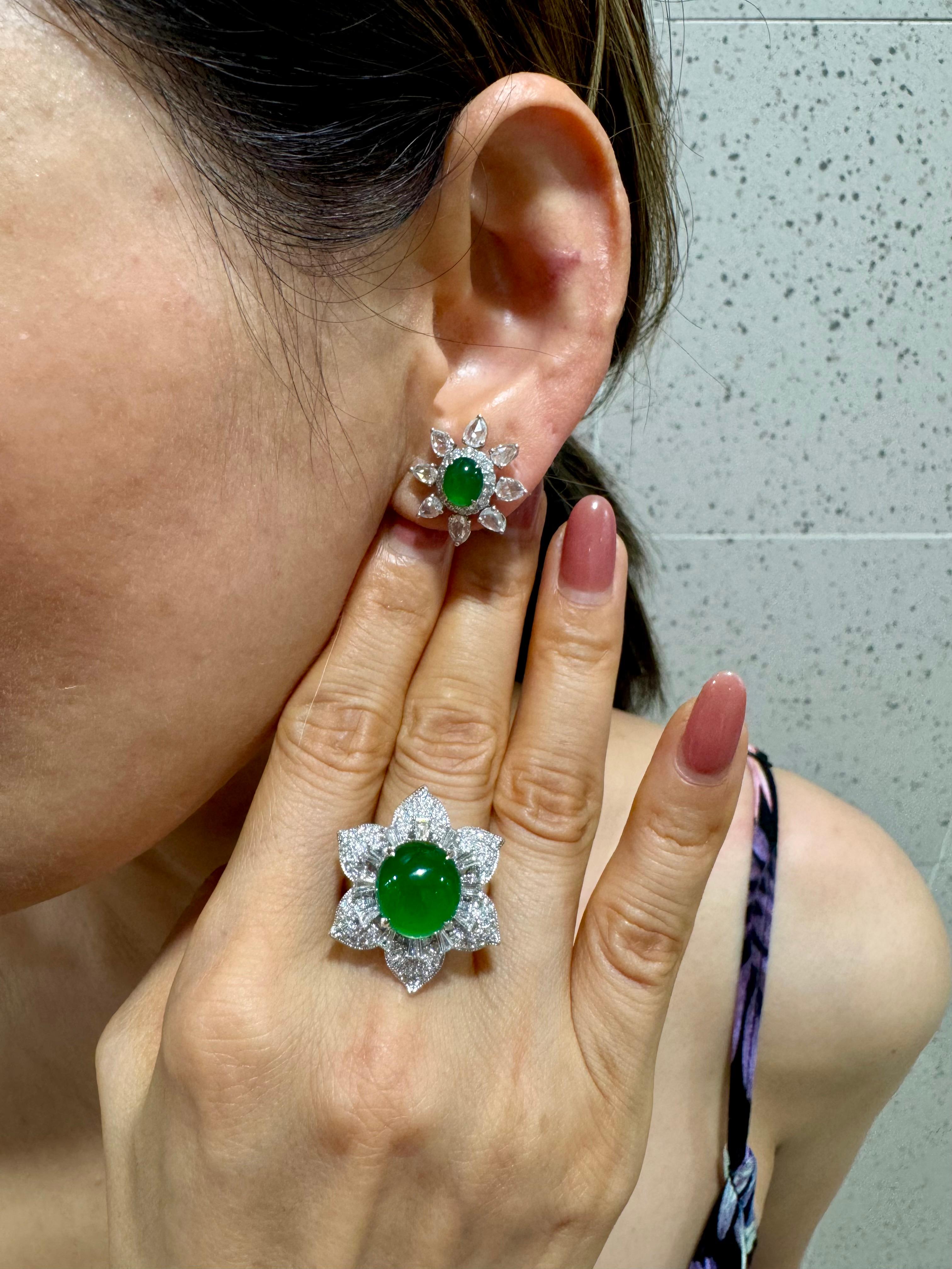 Certified Natural Jade Flower & Diamond Cocktail Ring. Imperial Green. XXL 8