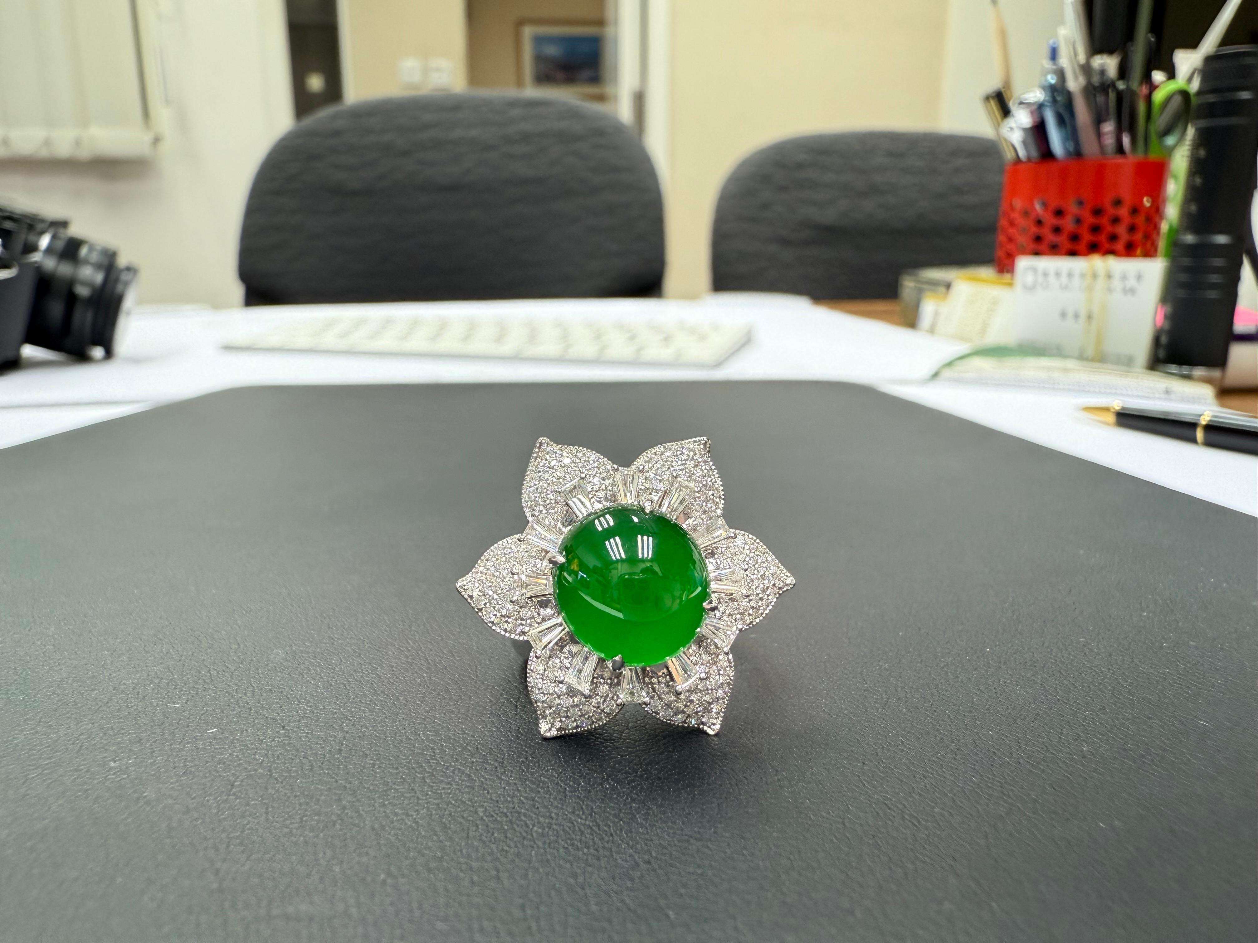 Certified Natural Jade Flower & Diamond Cocktail Ring. Imperial Green. XXL 6