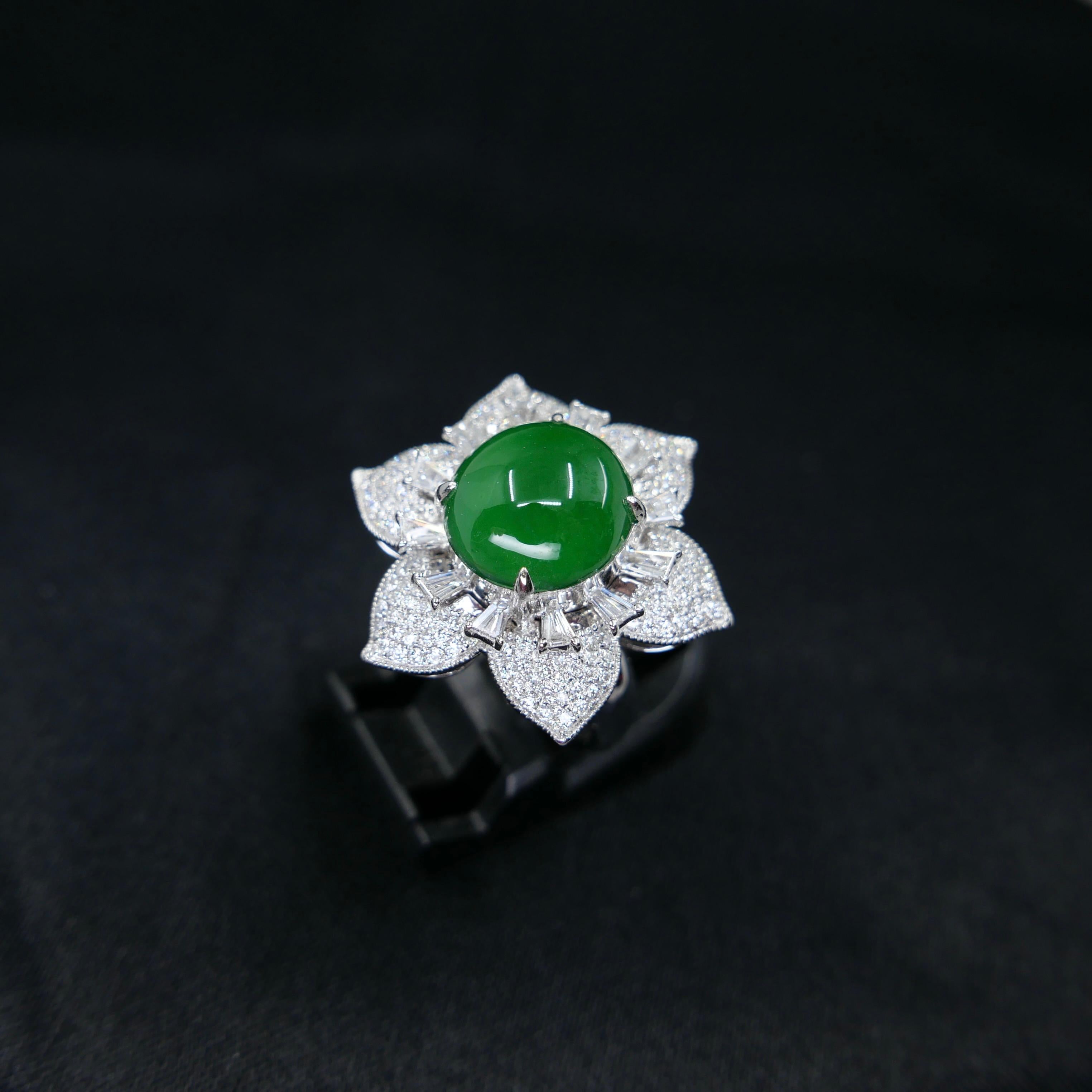 Certified Natural Jade Flower & Diamond Cocktail Ring. Imperial Green. XXL 9