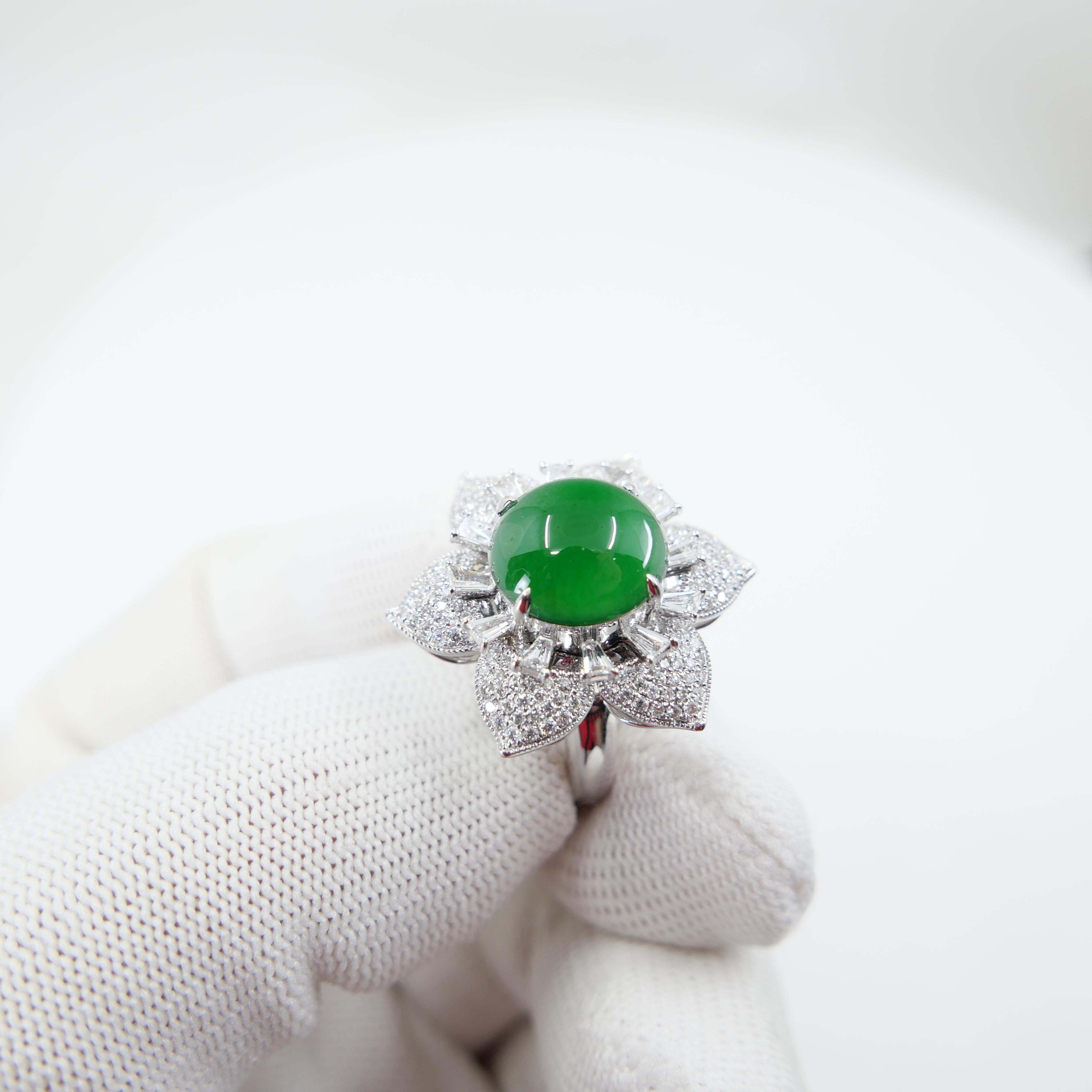 Certified Natural Jade Flower & Diamond Cocktail Ring. Imperial Green. XXL 10