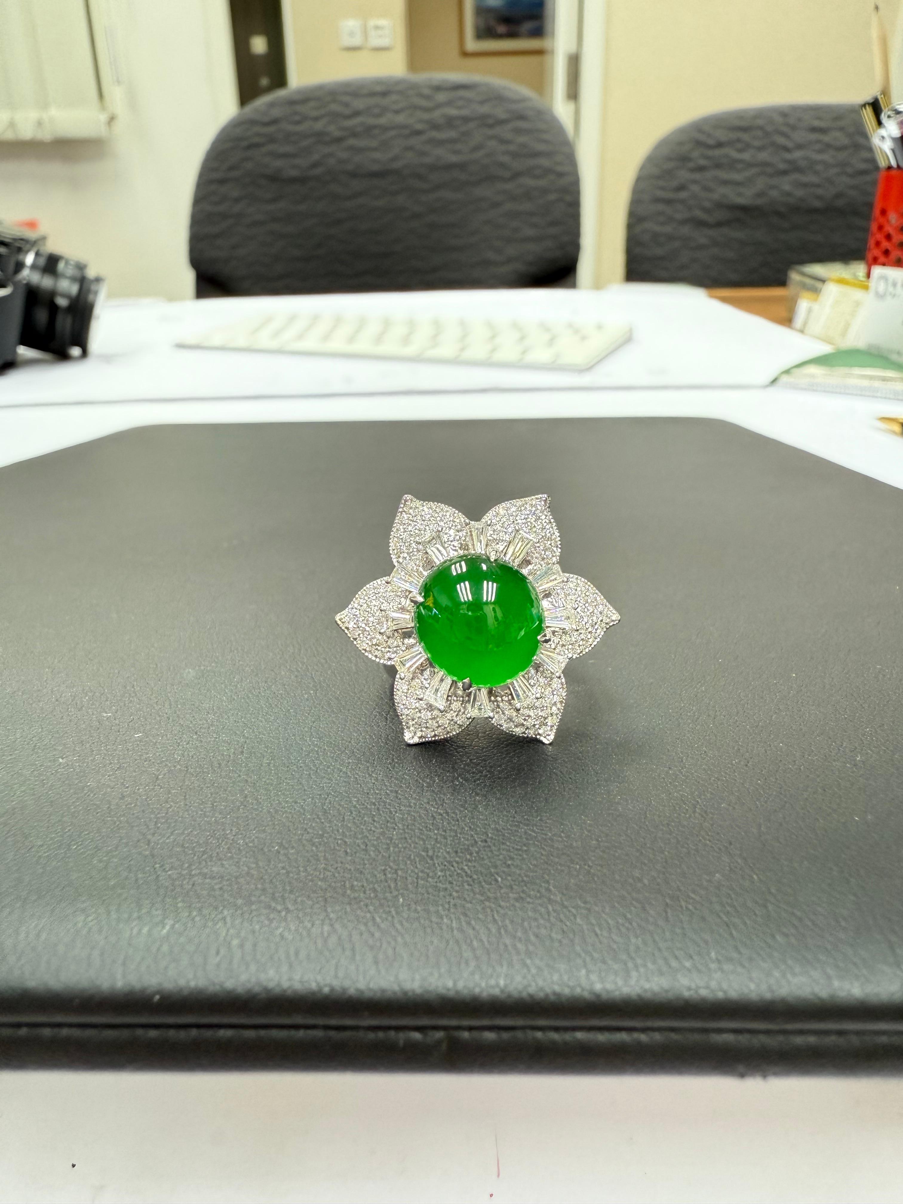 Certified Natural Jade Flower & Diamond Cocktail Ring. Imperial Green. XXL 11