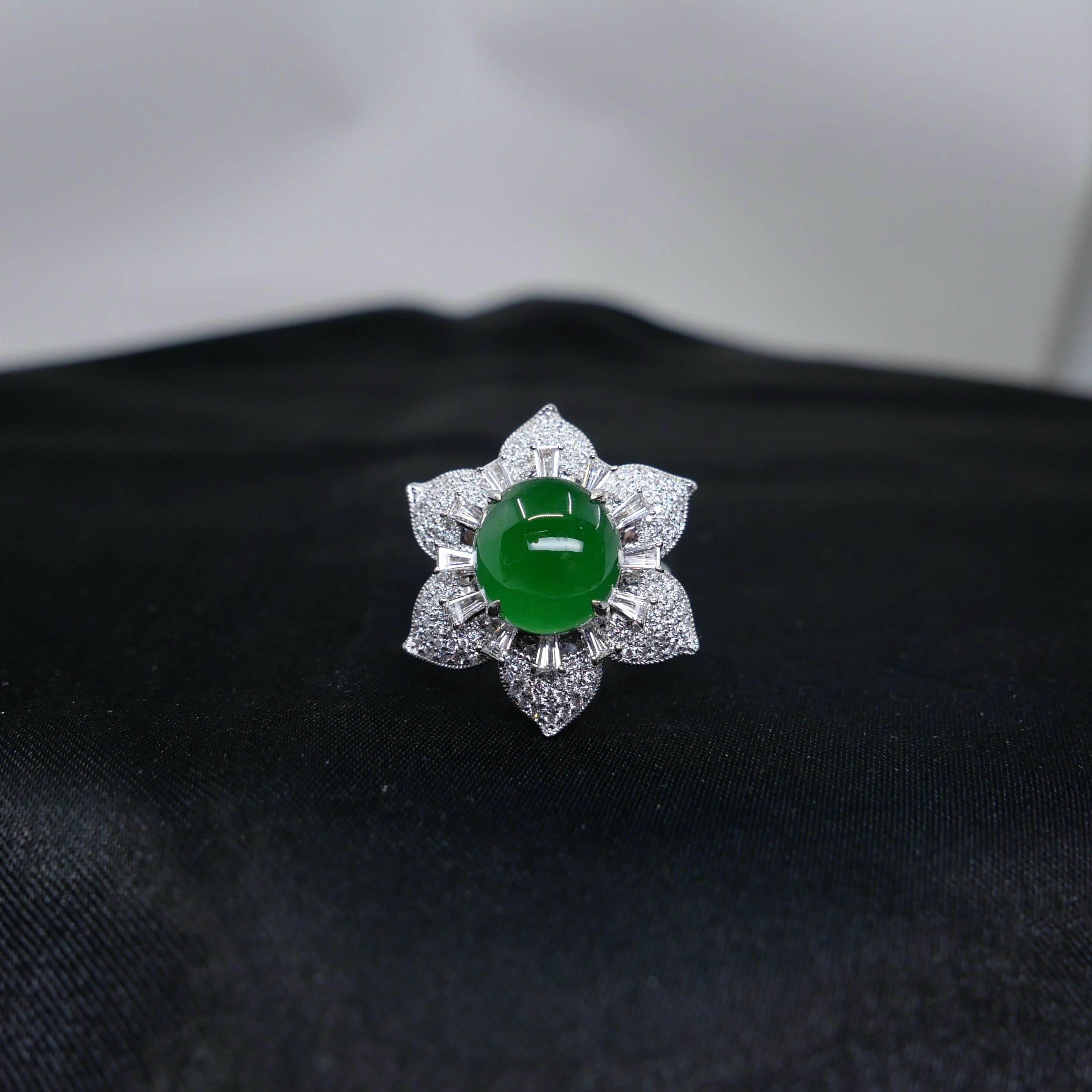 Certified Natural Jade Flower & Diamond Cocktail Ring. Imperial Green. XXL 13