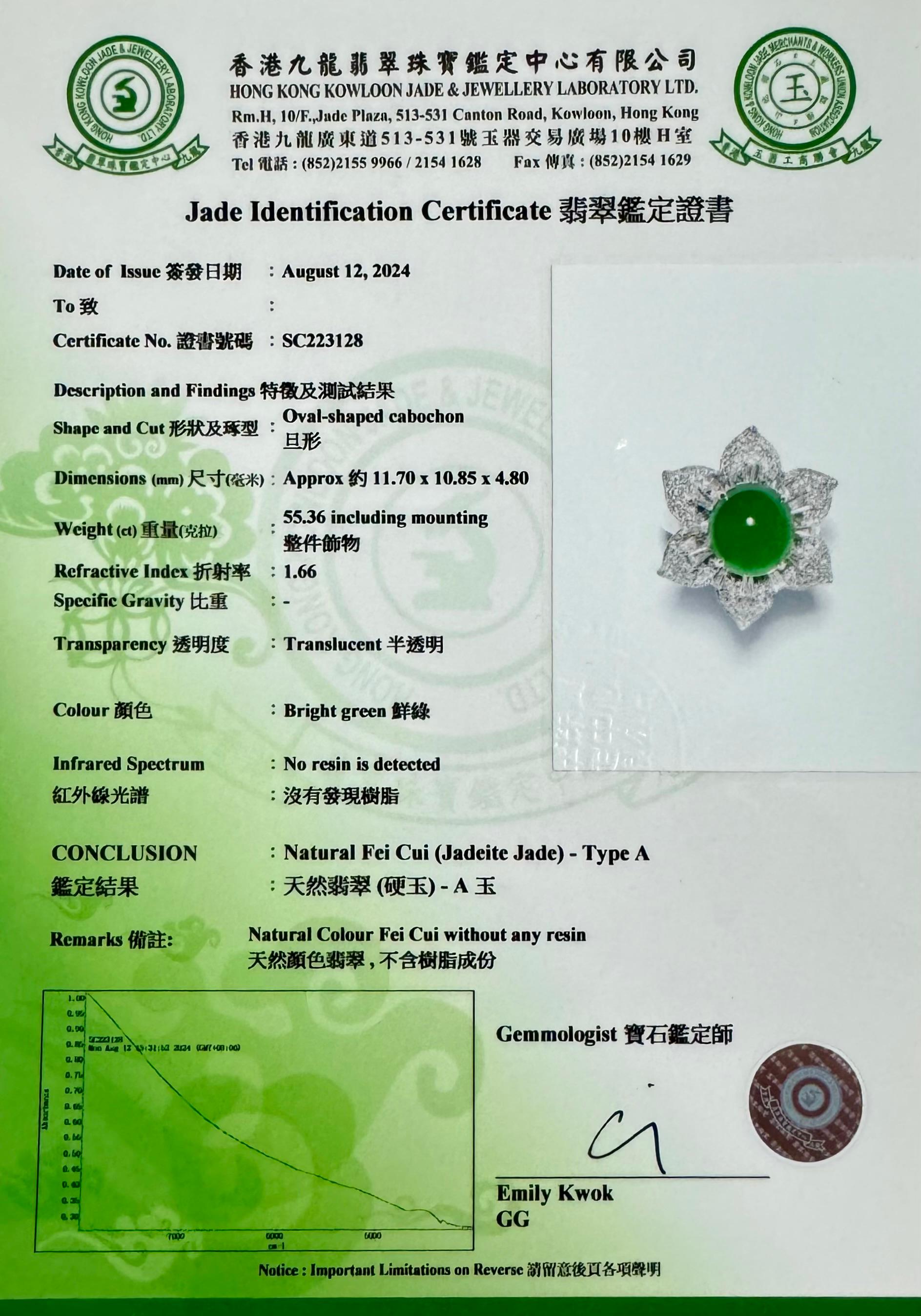 Certified Natural Jade Flower & Diamond Cocktail Ring. Imperial Green. XXL 15