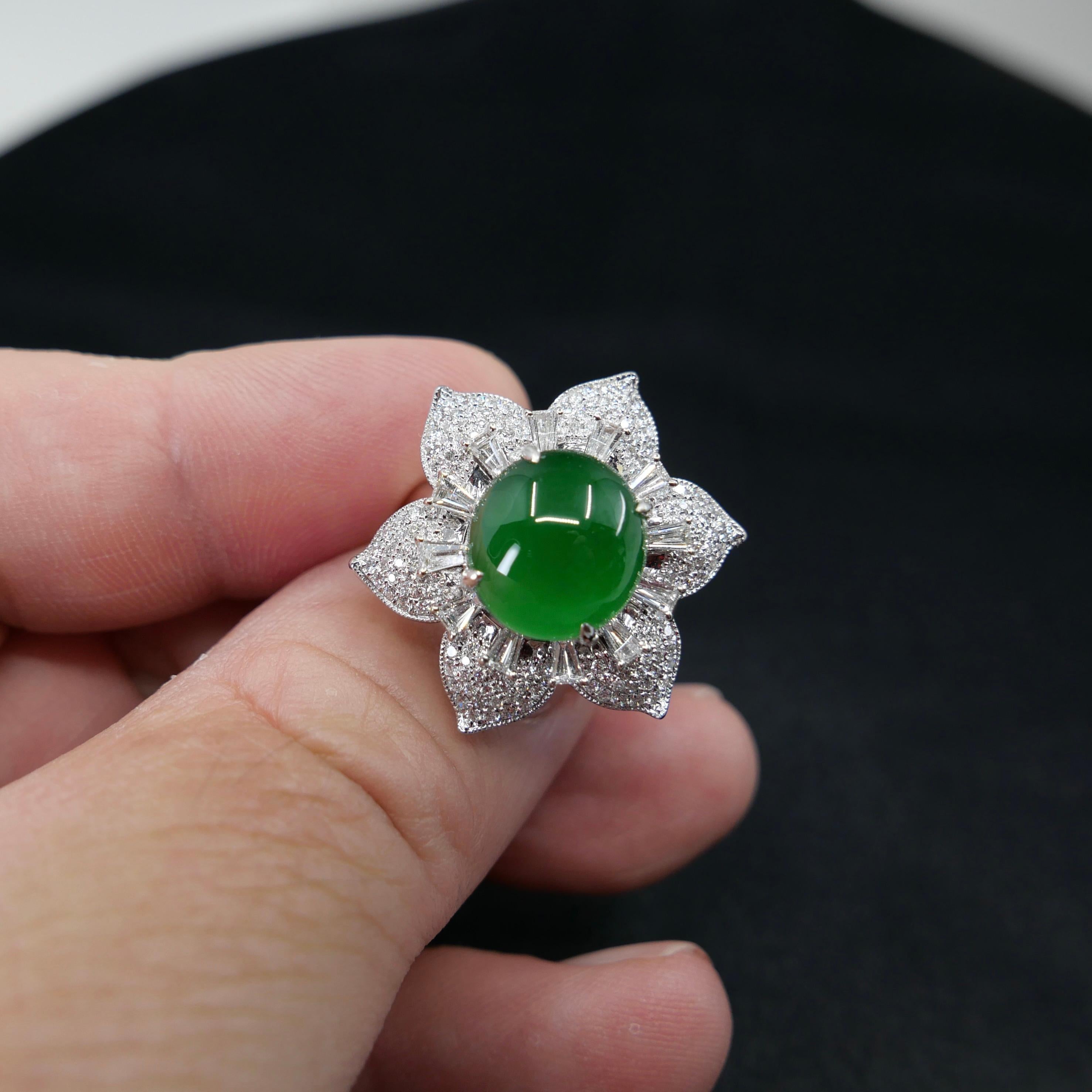 Certified Natural Jade Flower & Diamond Cocktail Ring. Imperial Green. XXL 1