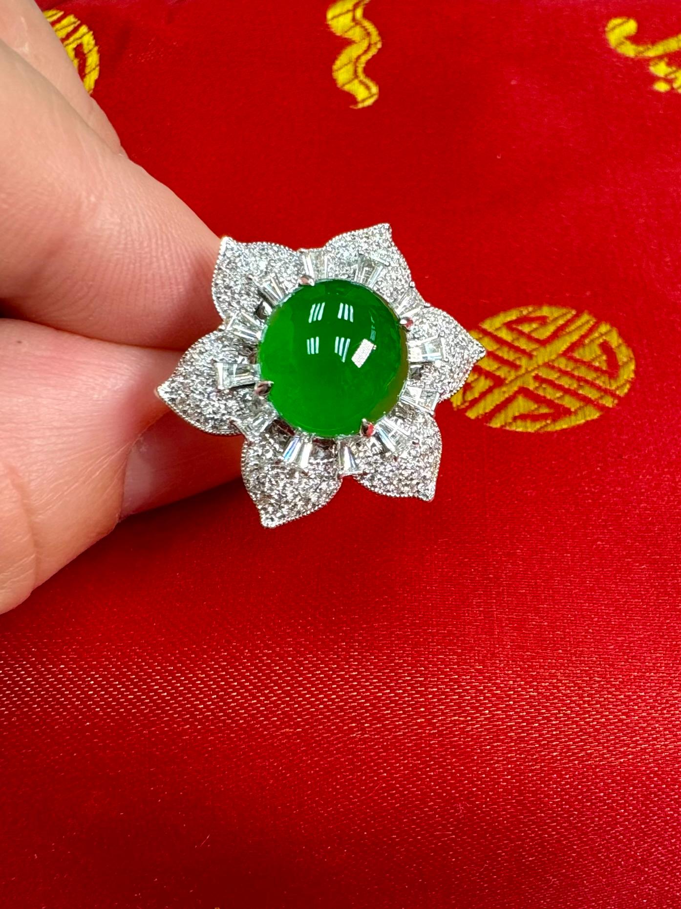 Cabochon Certified Natural Jade Flower & Diamond Cocktail Ring. Imperial Green. XXL