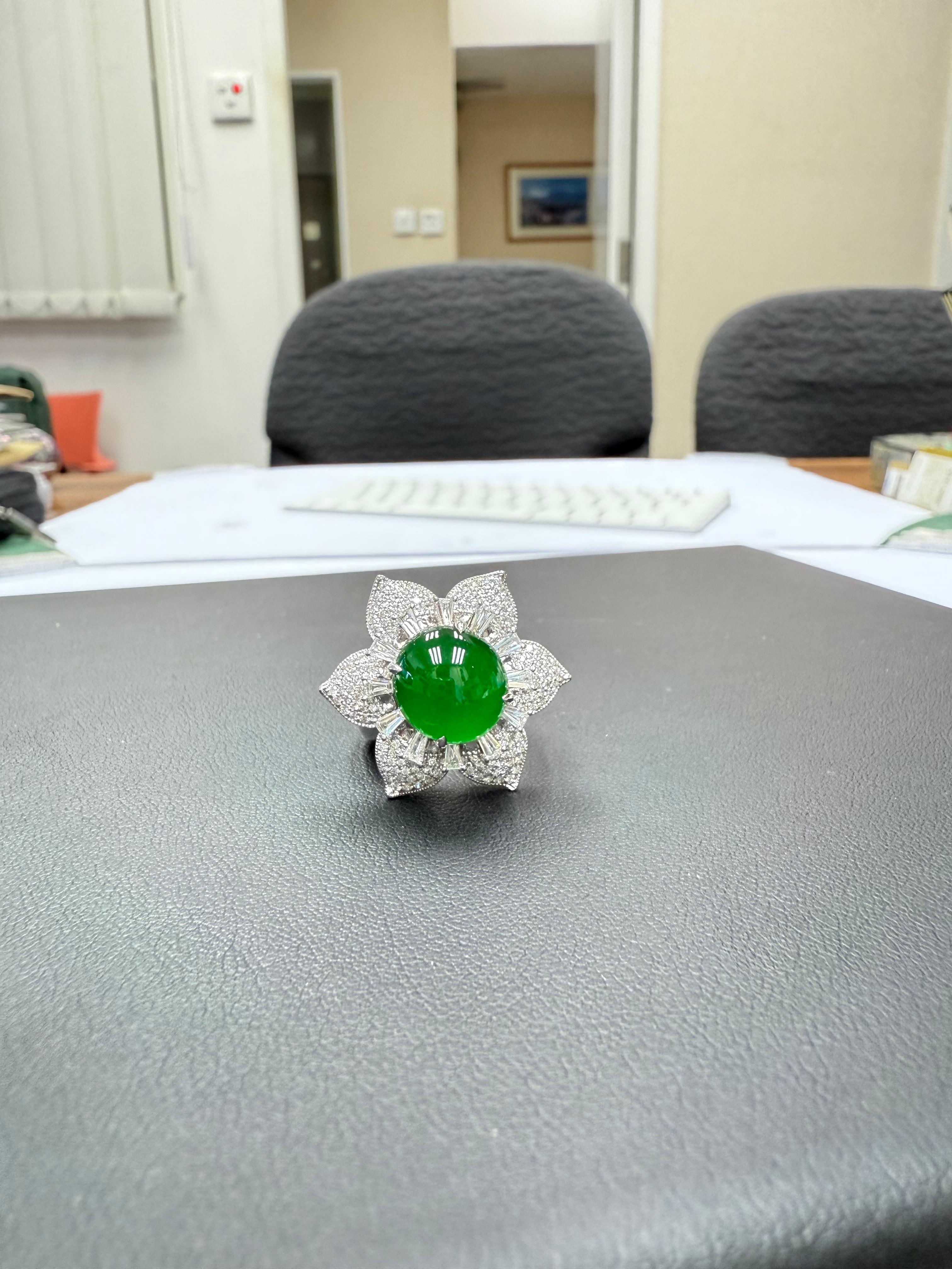 Certified Natural Jade Flower & Diamond Cocktail Ring. Imperial Green. XXL In New Condition In Hong Kong, HK