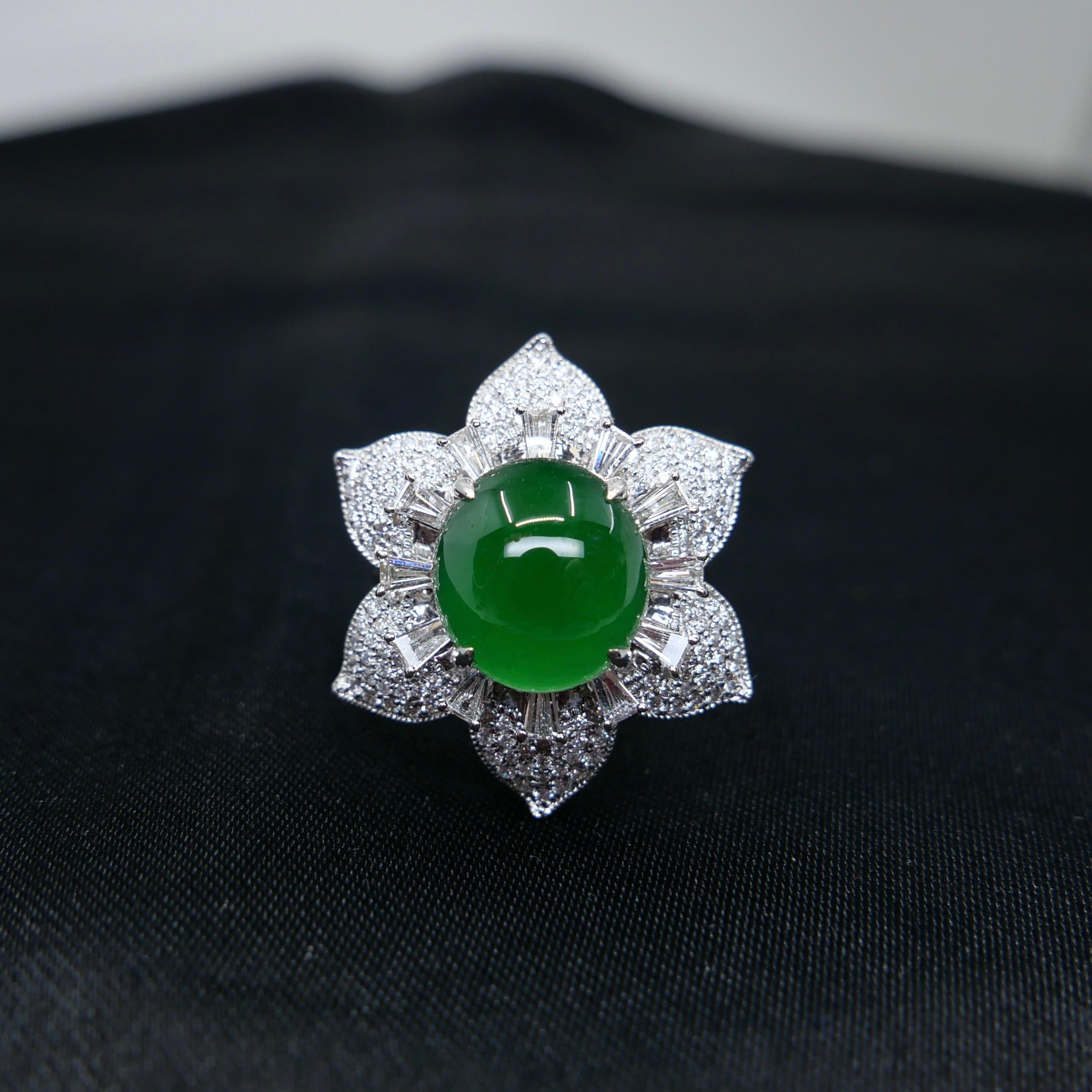 Women's Certified Natural Jade Flower & Diamond Cocktail Ring. Imperial Green. XXL
