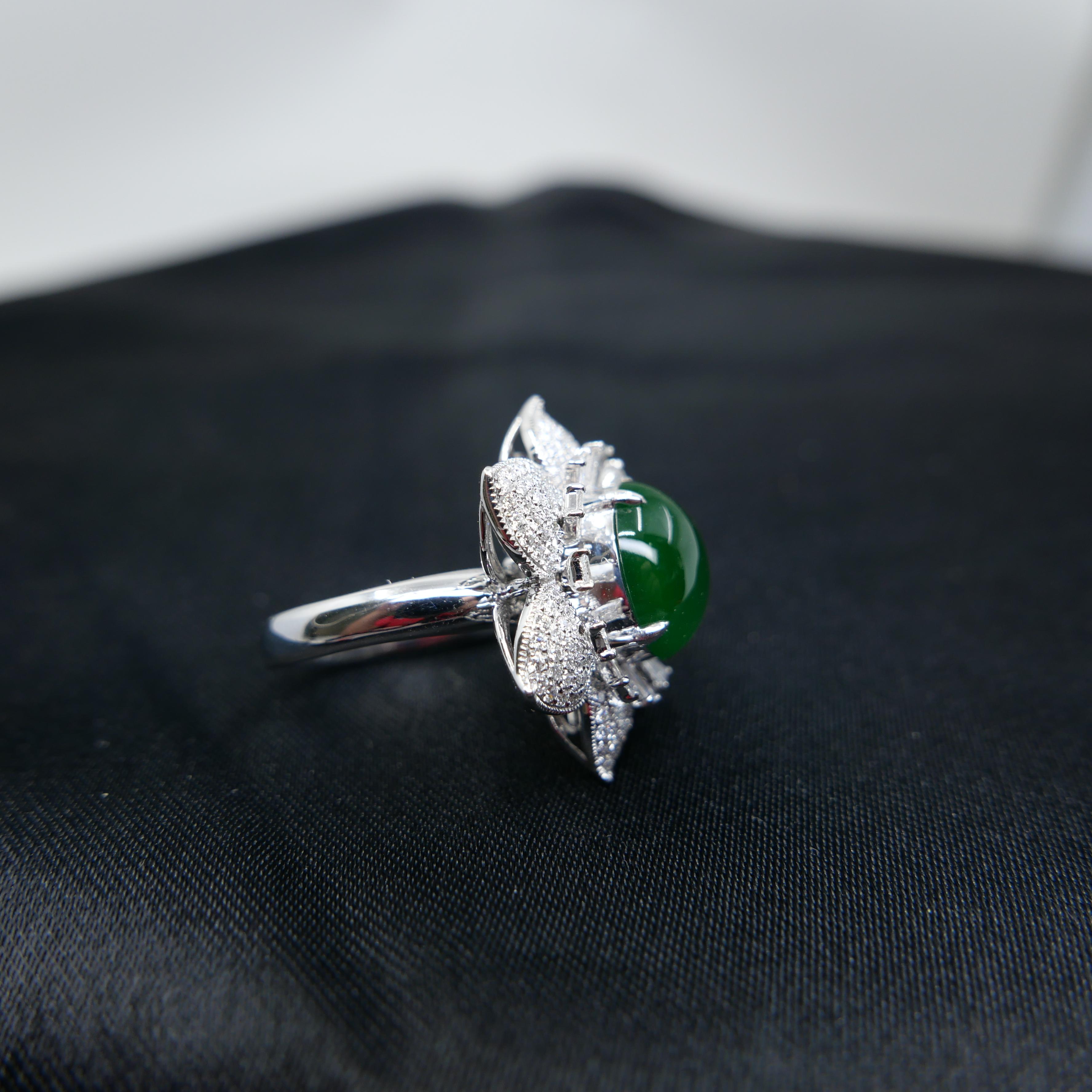 Certified Natural Jade Flower & Diamond Cocktail Ring. Imperial Green. XXL 3