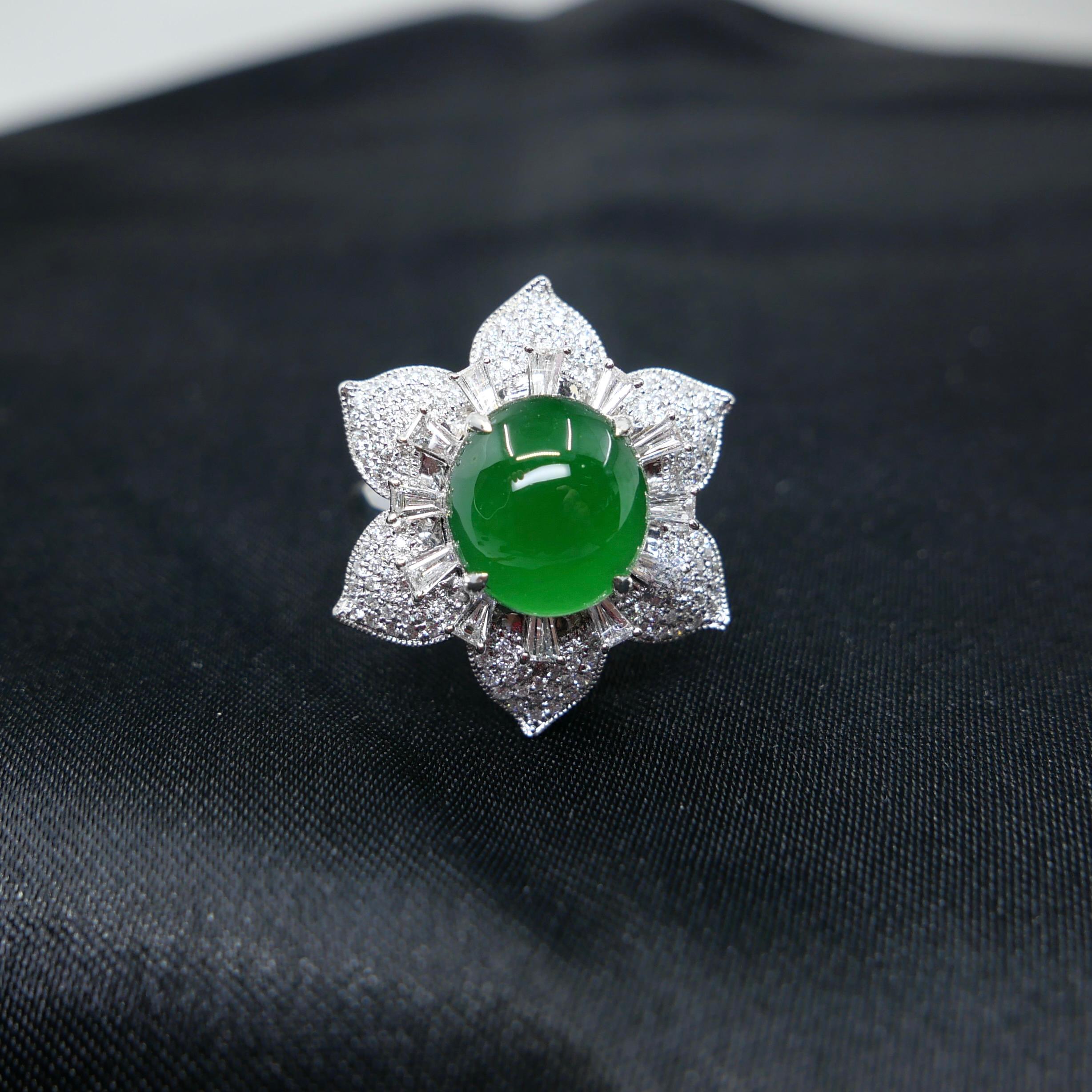Certified Natural Jade Flower & Diamond Cocktail Ring. Imperial Green. XXL 4