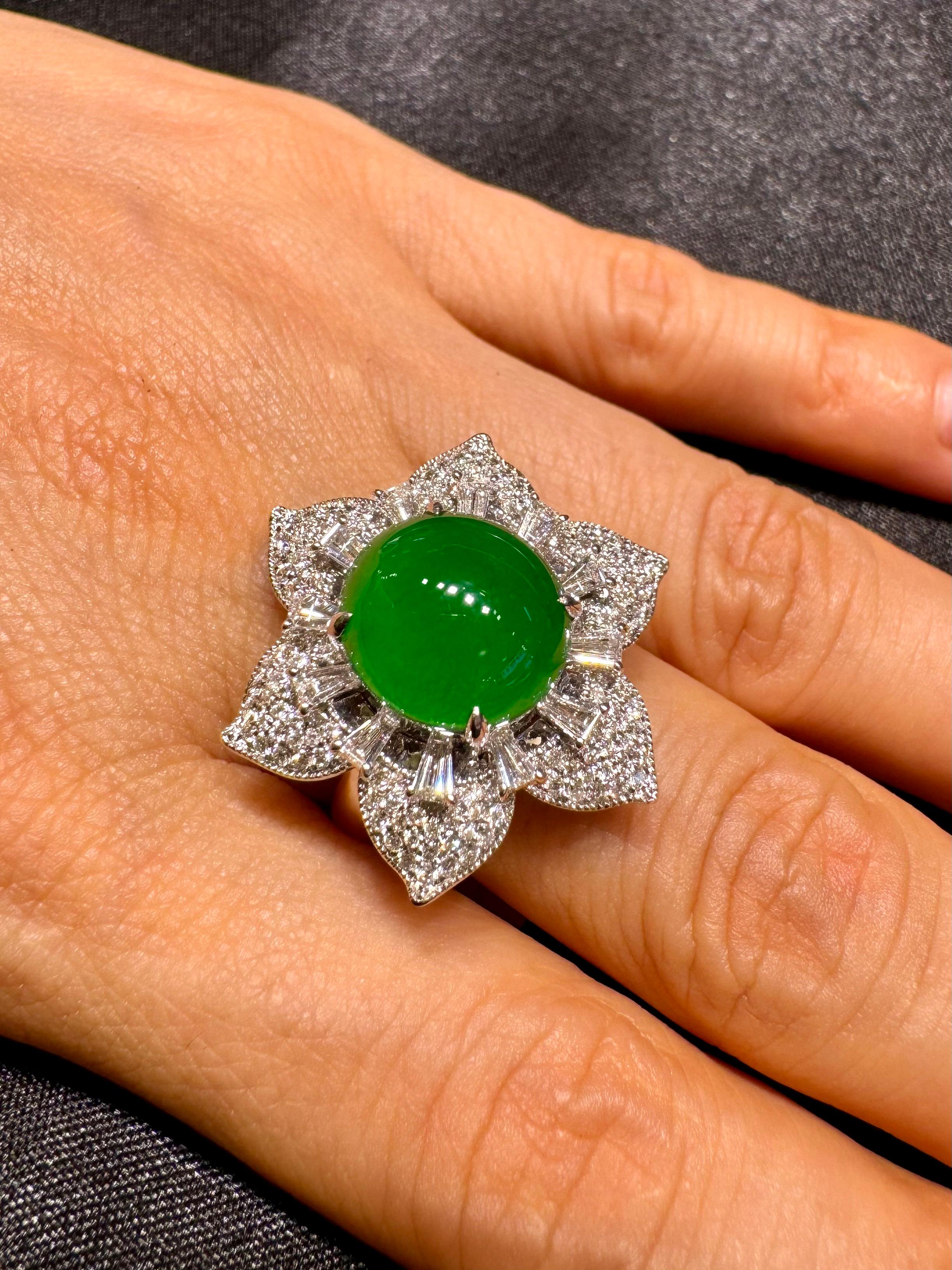 Certified Natural Jade Flower & Diamond Cocktail Ring. Imperial Green. XXL 5