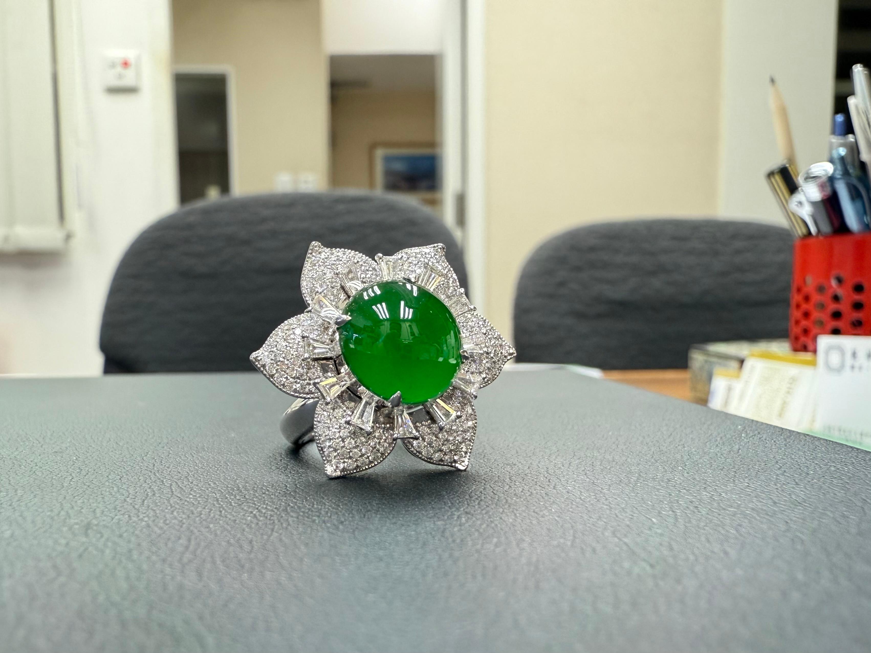 Certified Natural Jade Flower & Diamond Cocktail Ring. Imperial Green. XXL 2