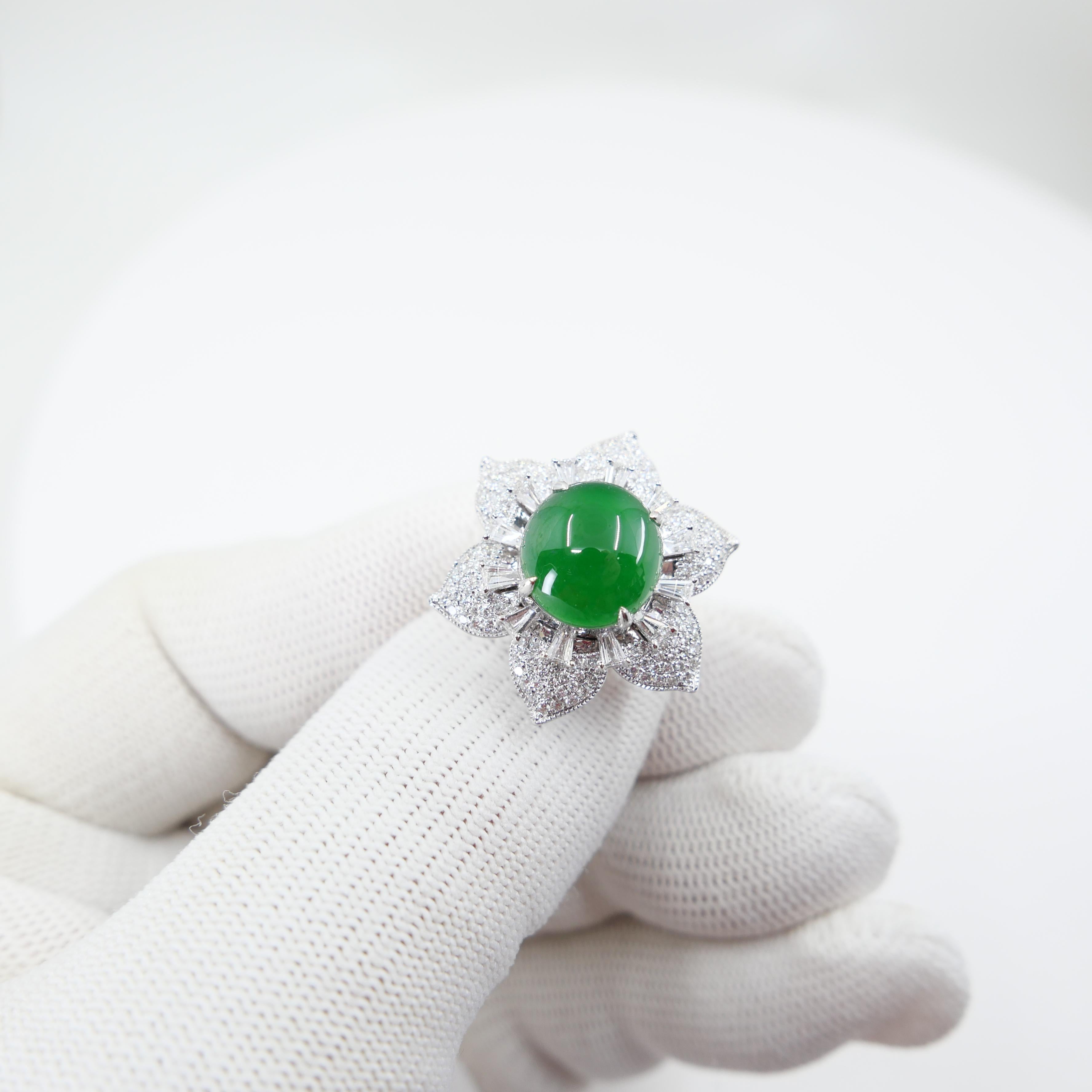 Certified Natural Jade Flower & Diamond Cocktail Ring. Imperial Green. XXL 7